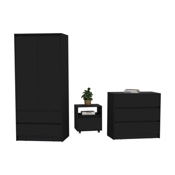 Beloit 3 Piece Bedroom Set, Nightstand Dresser Armoire, Black Black Particle Board Engineered Wood