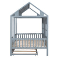 Full Size Wood House Bed With Twin Size Trundle, Wooden Daybed, Gray Full Gray Solid Wood