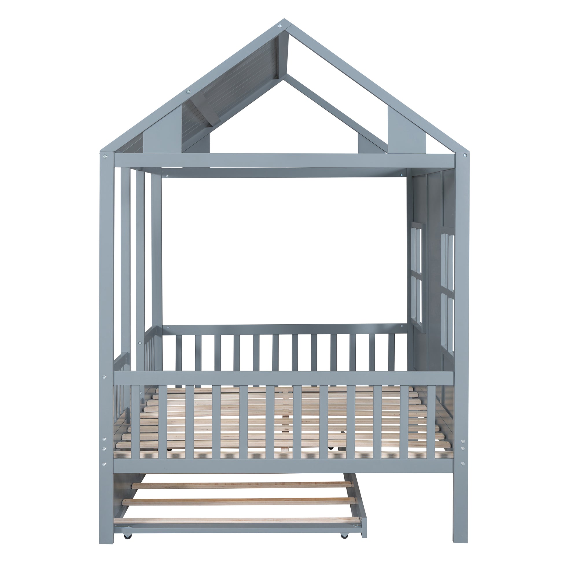 Full Size Wood House Bed With Twin Size Trundle, Wooden Daybed, Gray Full Gray Solid Wood