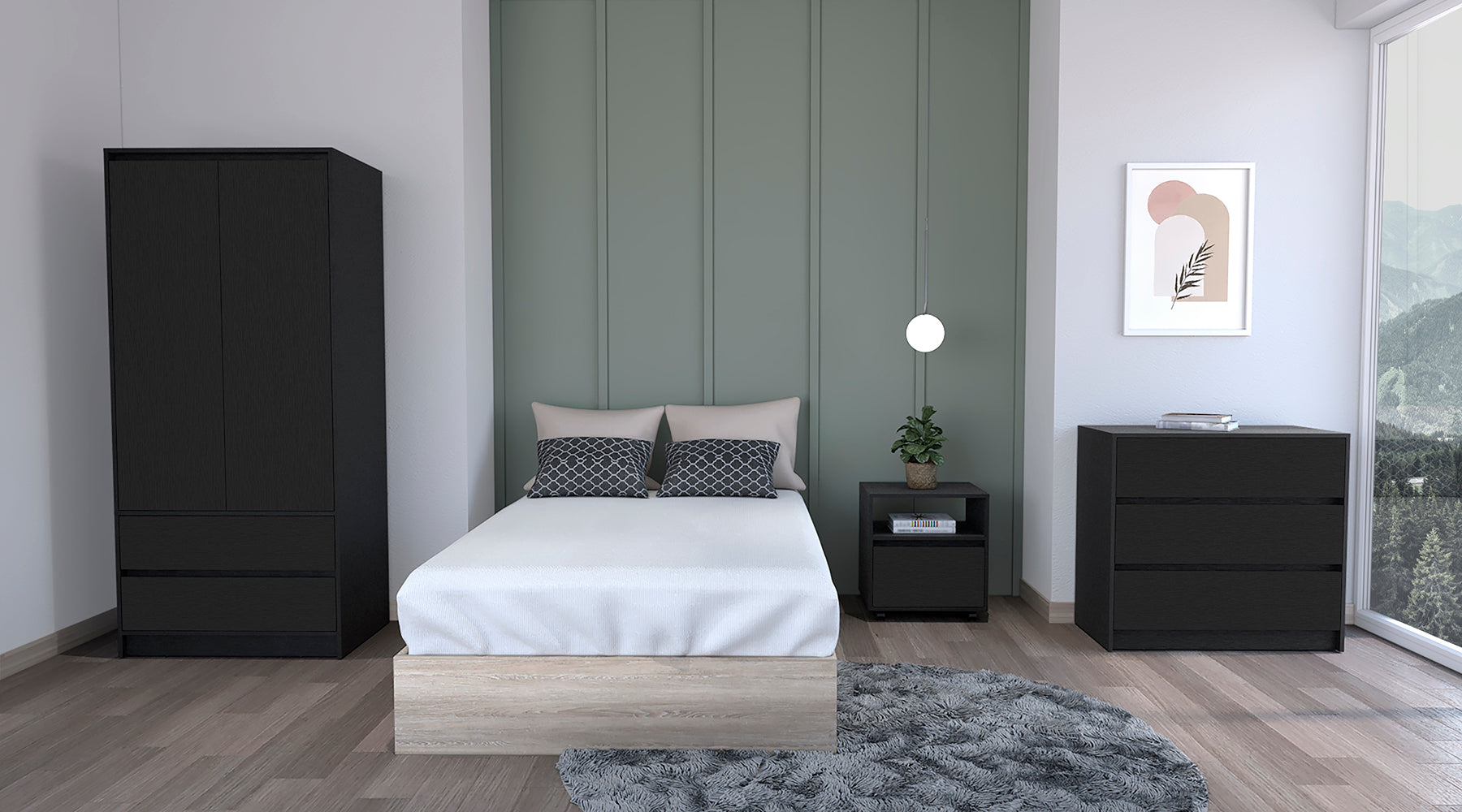 Beloit 3 Piece Bedroom Set, Nightstand Dresser Armoire, Black Black Particle Board Engineered Wood