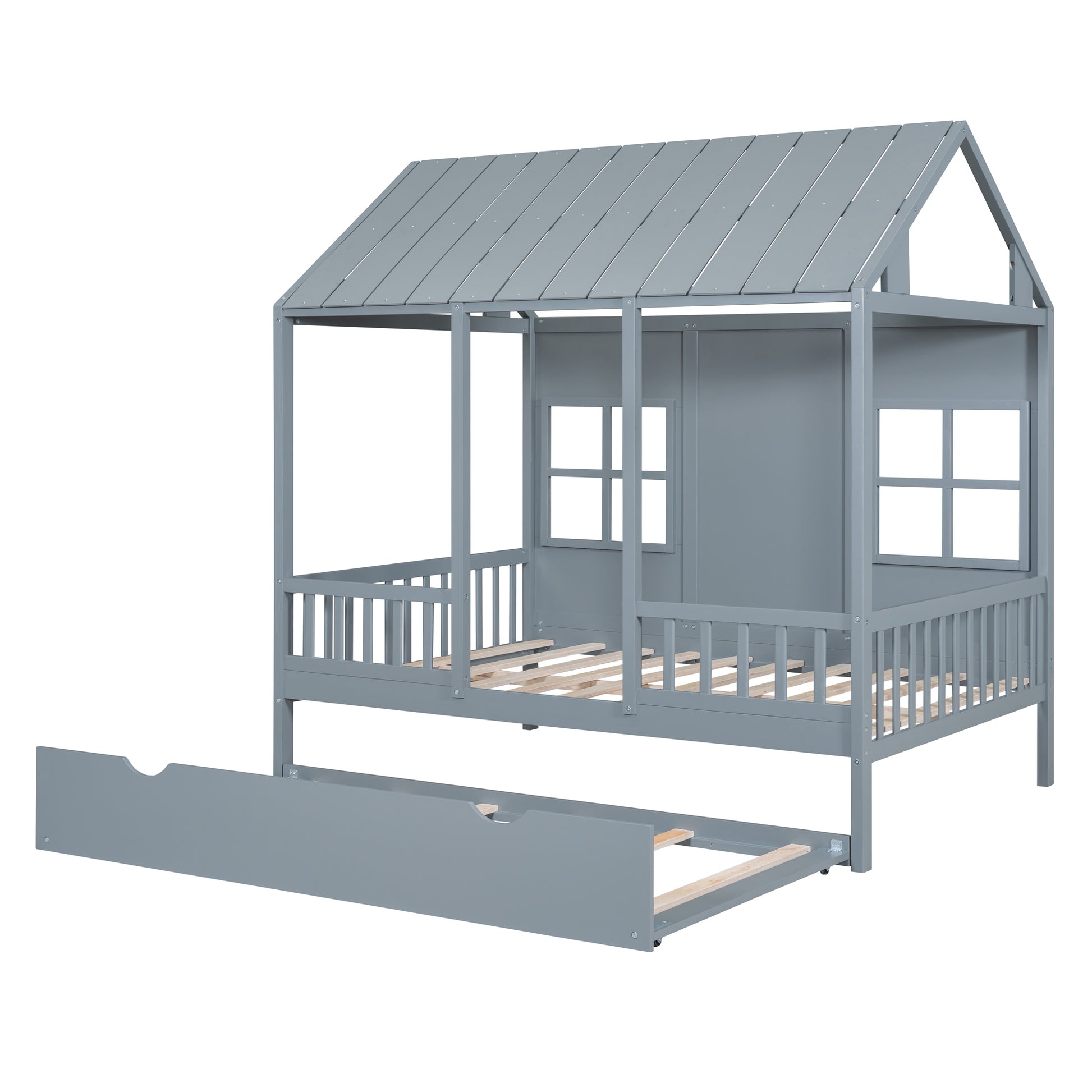 Full Size Wood House Bed With Twin Size Trundle, Wooden Daybed, Gray Full Gray Solid Wood