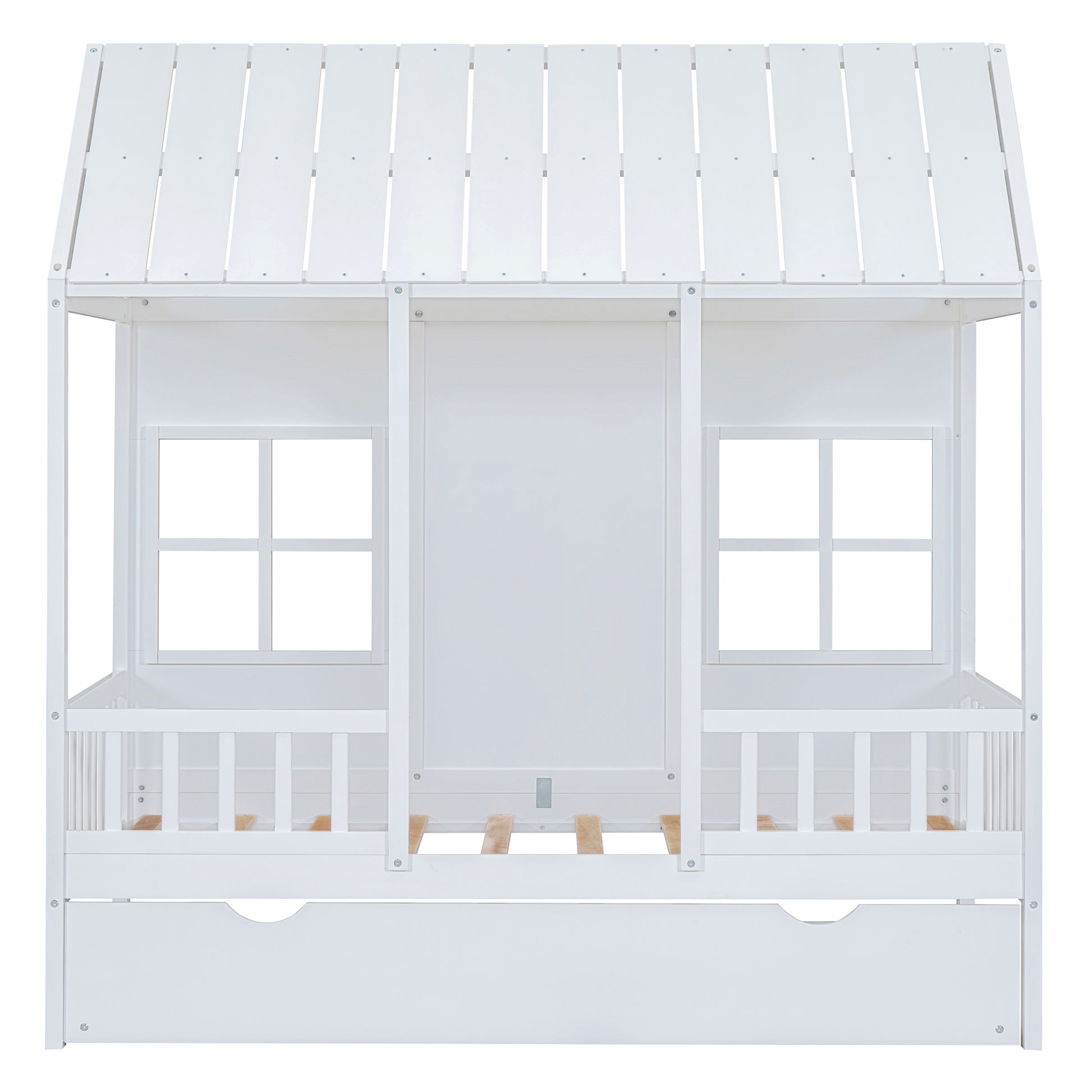 Twin Size Wood House Bed With Twin Size Trundle, Wooden Daybed, White White Solid Wood
