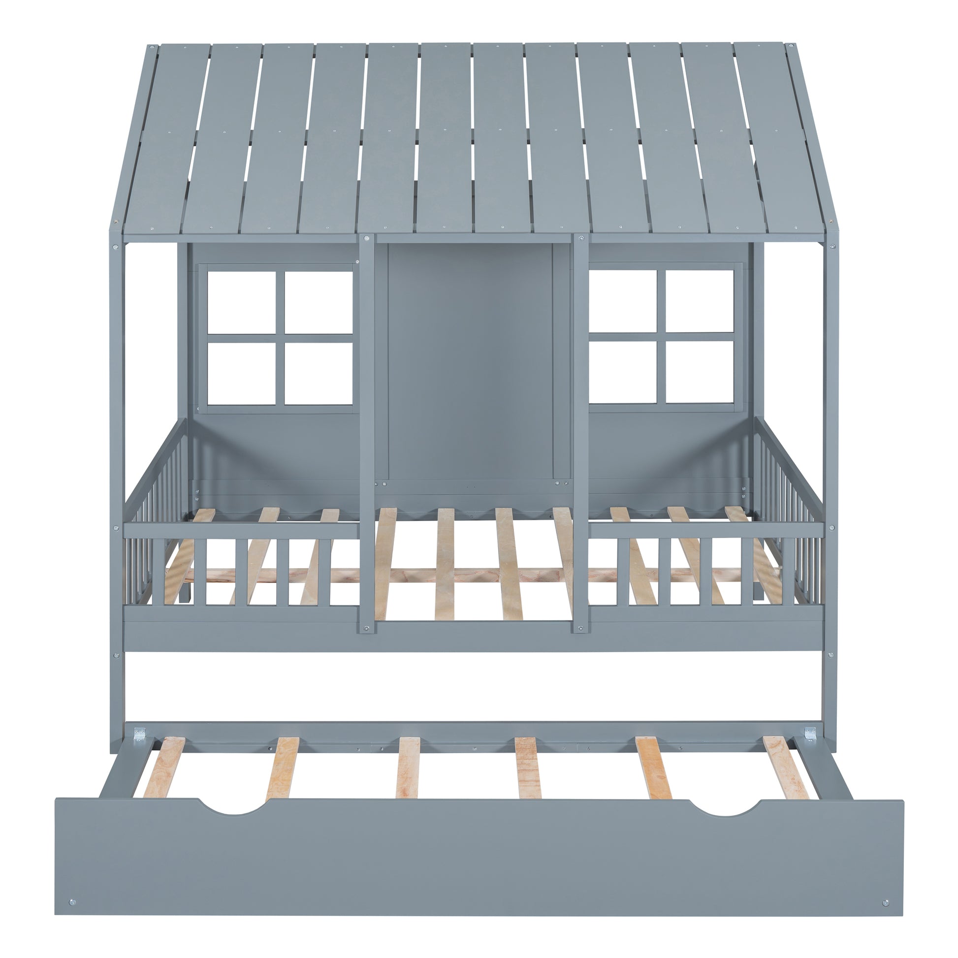 Full Size Wood House Bed With Twin Size Trundle, Wooden Daybed, Gray Full Gray Solid Wood