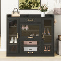 Modernist Side Cabinet With 4 Glass Doors & 3 Hooks, Freestanding Shoe Rack With Multiple Adjustable Shelves, Versatile Display Cabinet With Gold Handles For Hallway, Living Room, Black 5 Or More Spaces Black Primary Living Space Adjustable Shelves