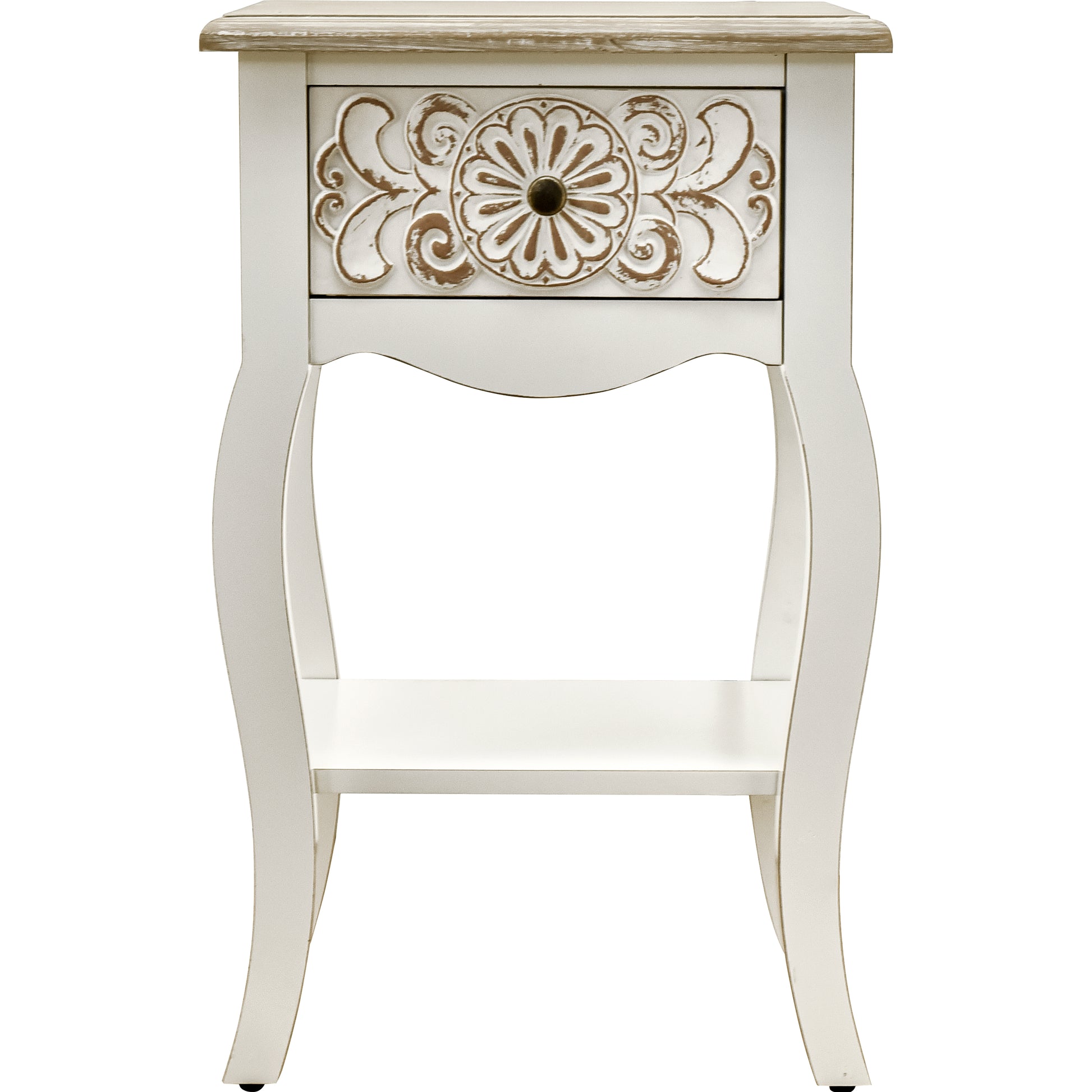 Carved Wood Storage Shelf Open Shelf Drawer And Flat Top Antique Brown White Wood