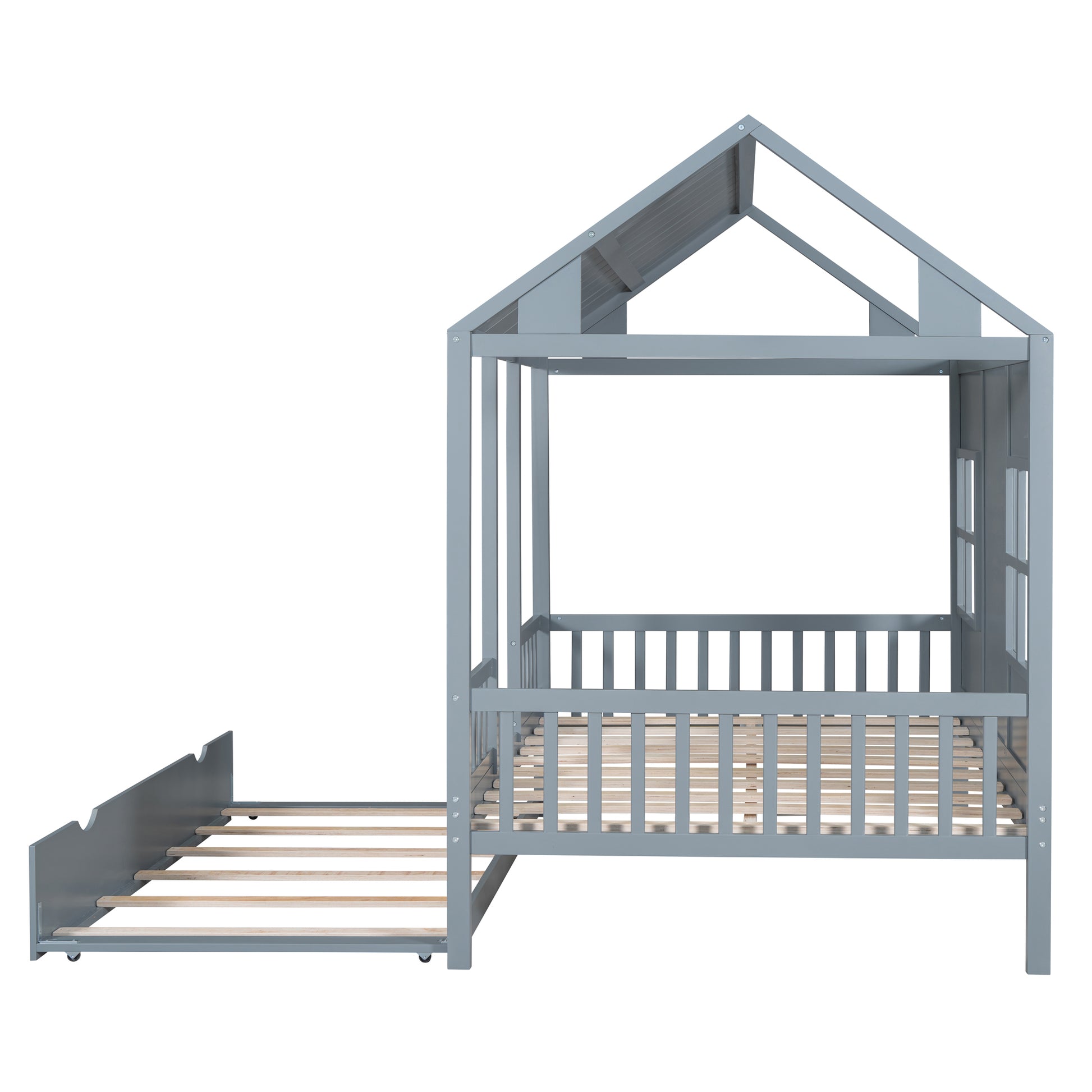 Full Size Wood House Bed With Twin Size Trundle, Wooden Daybed, Gray Full Gray Solid Wood