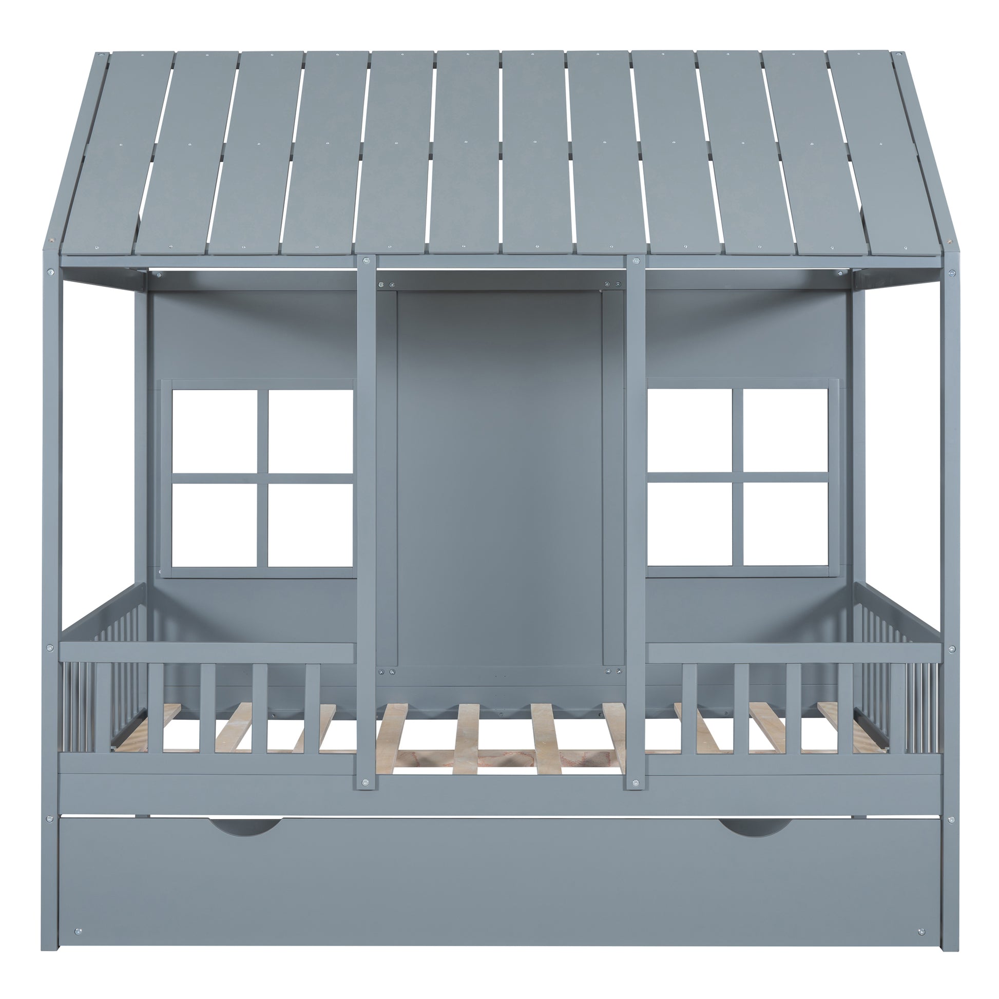 Full Size Wood House Bed With Twin Size Trundle, Wooden Daybed, Gray Full Gray Solid Wood
