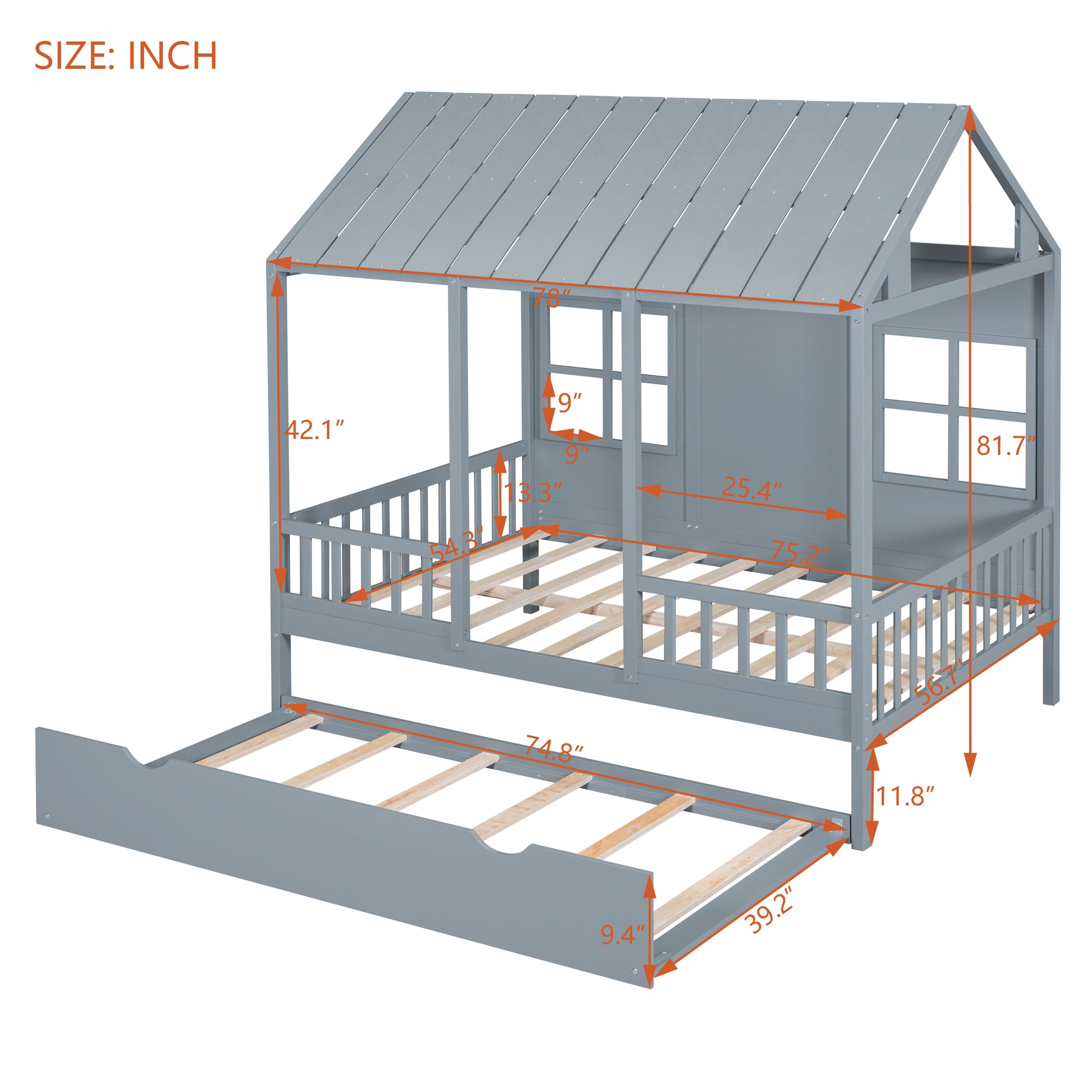 Full Size Wood House Bed With Twin Size Trundle, Wooden Daybed, Gray Full Gray Solid Wood