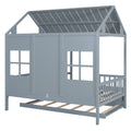 Full Size Wood House Bed With Twin Size Trundle, Wooden Daybed, Gray Full Gray Solid Wood