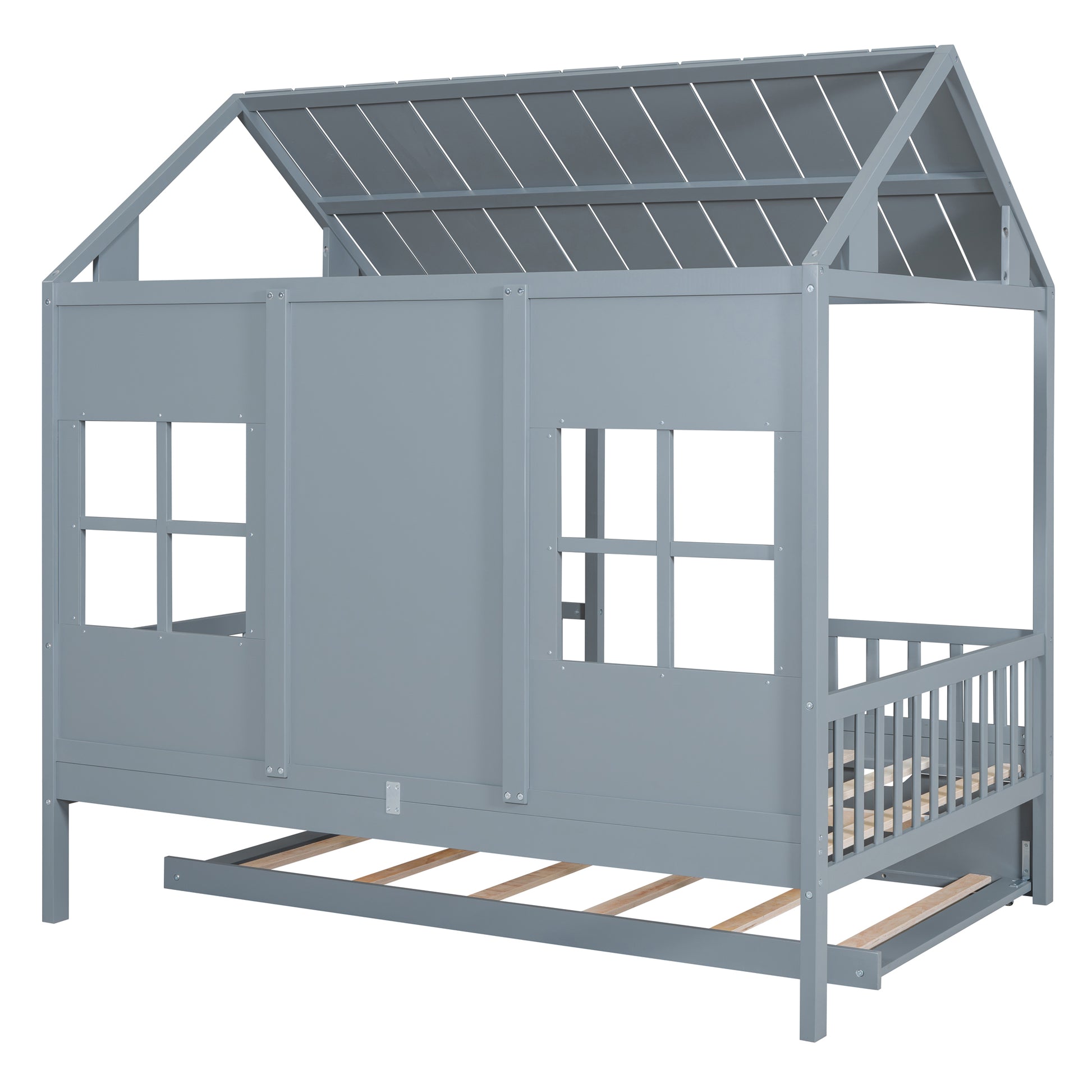 Full Size Wood House Bed With Twin Size Trundle, Wooden Daybed, Gray Full Gray Solid Wood