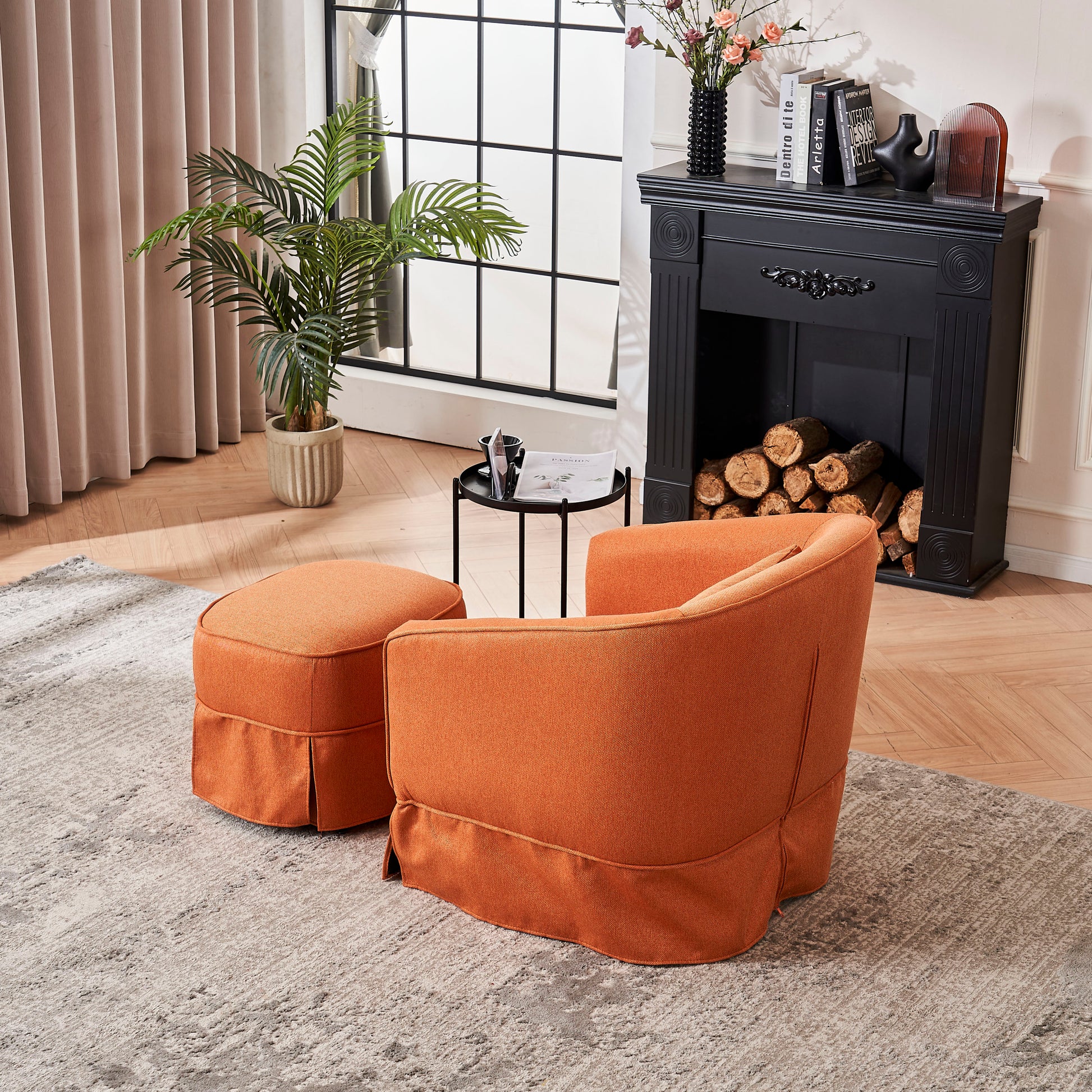 Swivel Barrel Chair With Ottoman, Swivel Accent Chairs Armchair For Living Room, Reading Chairs For Bedroom Comfy, Round Barrel Chairs With Black Metal Base Orange Orange Primary Living Space Modern Linen