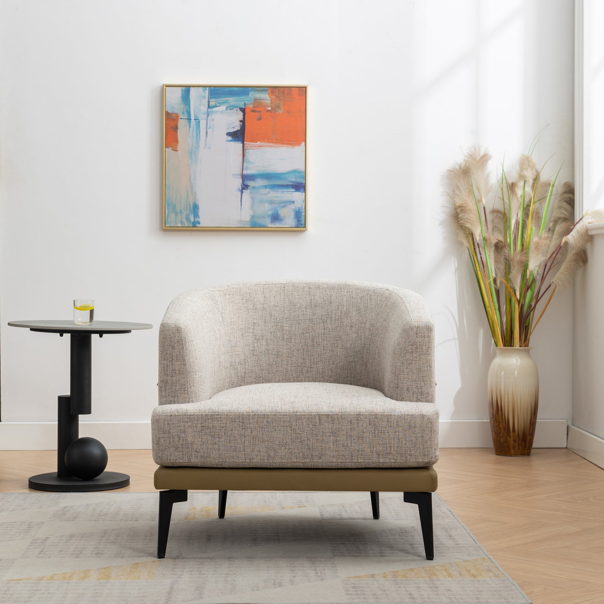 Modern Two Tone Barrel Fabric Chair, Upholstered Round Armchair For Living Room Bedroom Reading Room, Mustard Green Mustard Linen