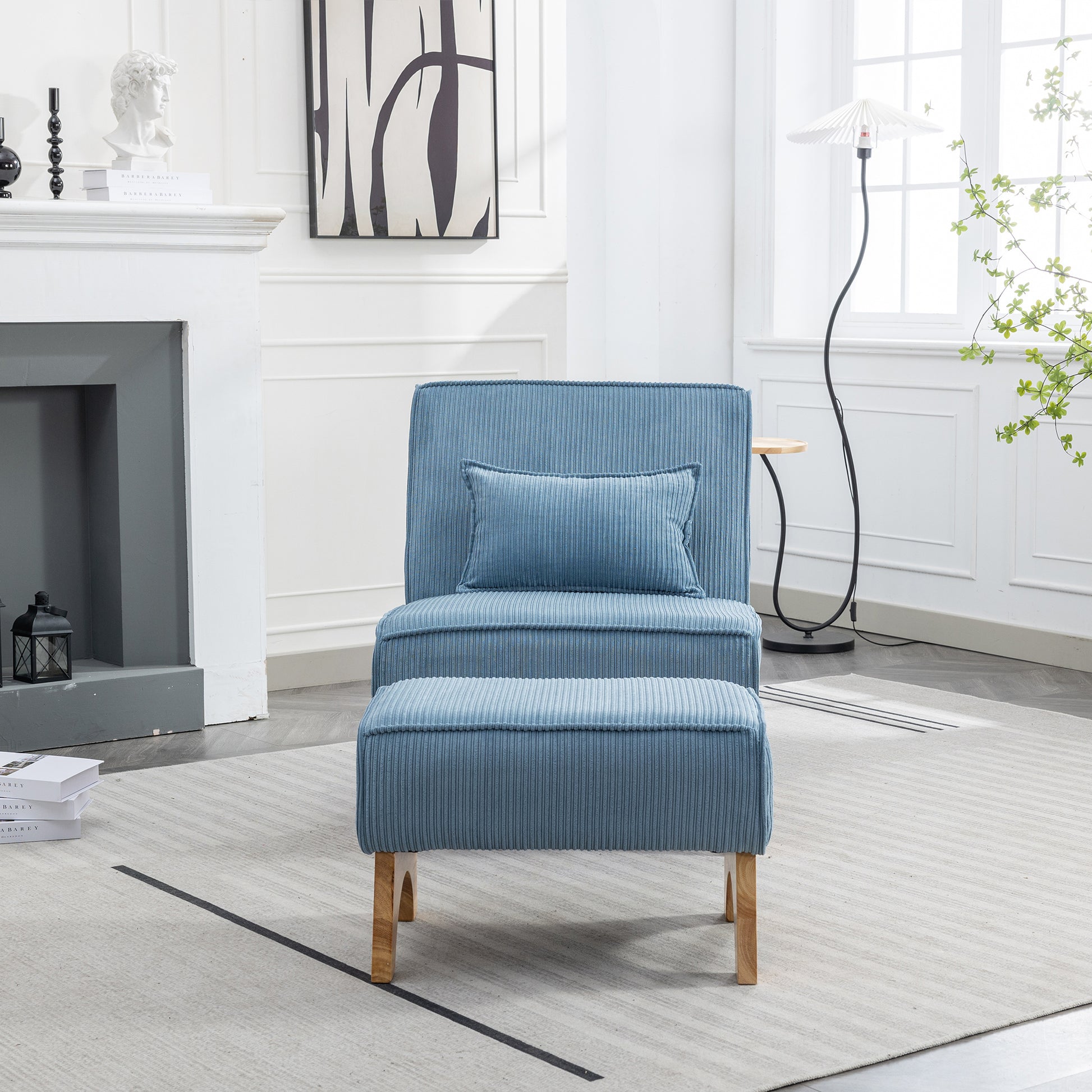 29.13" Wide Accent Chair With Ottoman Lounge Armless Chair Upholstered Reading Chair Single Sofa With Nature Wooden Leg And Throw Pillow For Living Room Bedroom Dorm Room Office, Blue Corduroy Blue Corduroy