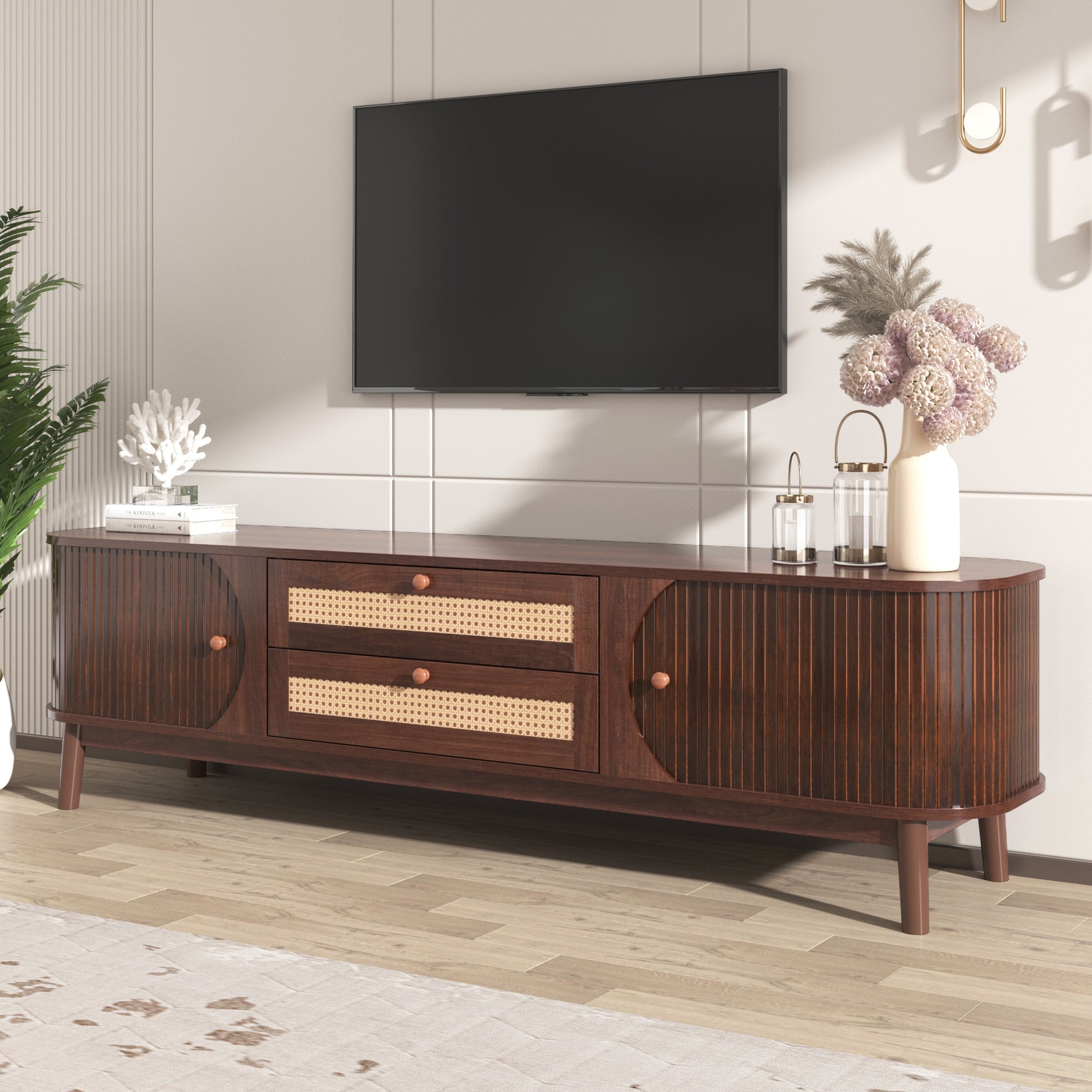 Rattan Tv Stand For Tvs Up To 75'', Modern Farmhouse Media Console, Entertainment Center With Solid Wood Legs, Tv Cabinet For Living Room,Home Theatre Natural Wood Brown Primary Living Space 60 69 Inches Solid Wood Mdf
