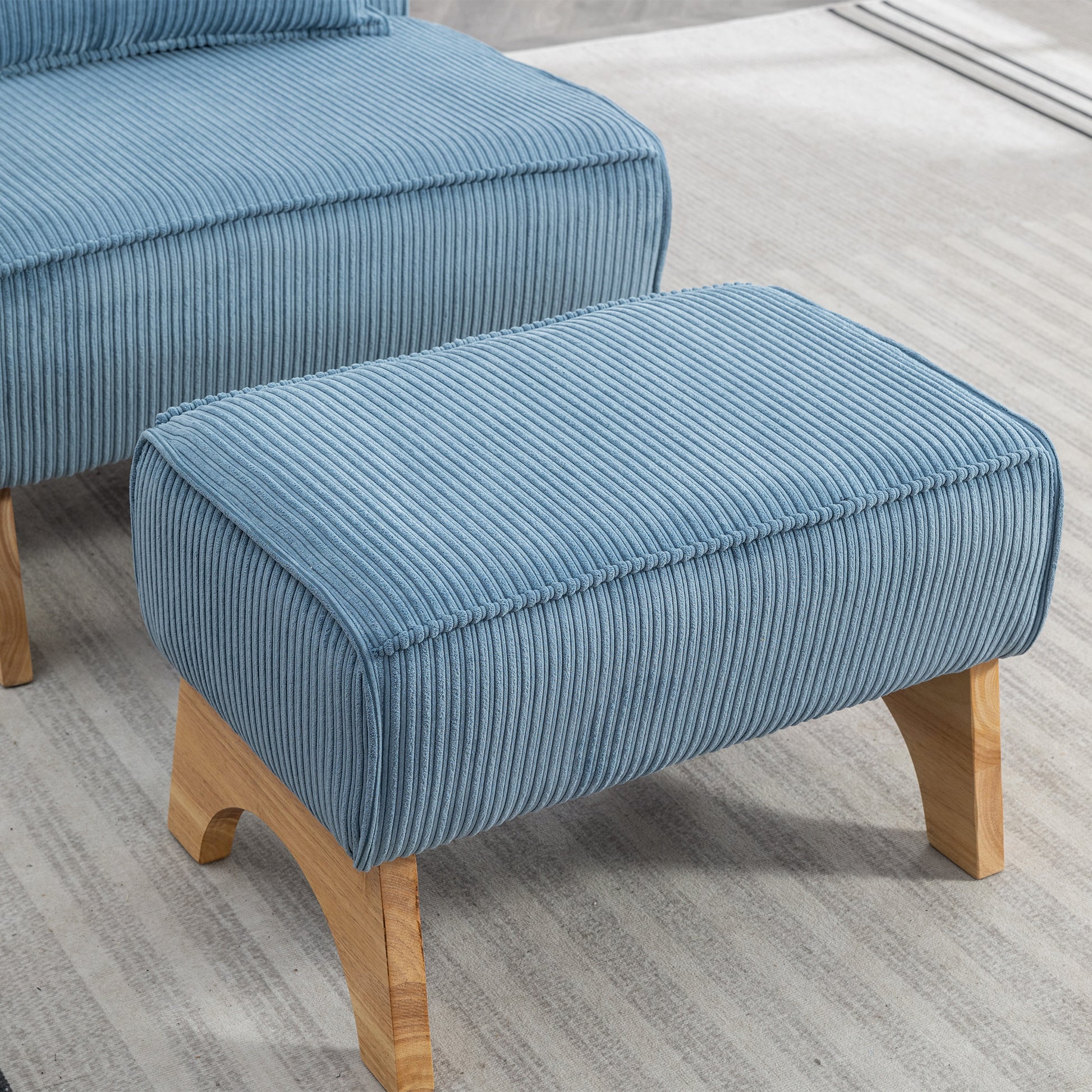 29.13" Wide Accent Chair With Ottoman Lounge Armless Chair Upholstered Reading Chair Single Sofa With Nature Wooden Leg And Throw Pillow For Living Room Bedroom Dorm Room Office, Blue Corduroy Blue Corduroy