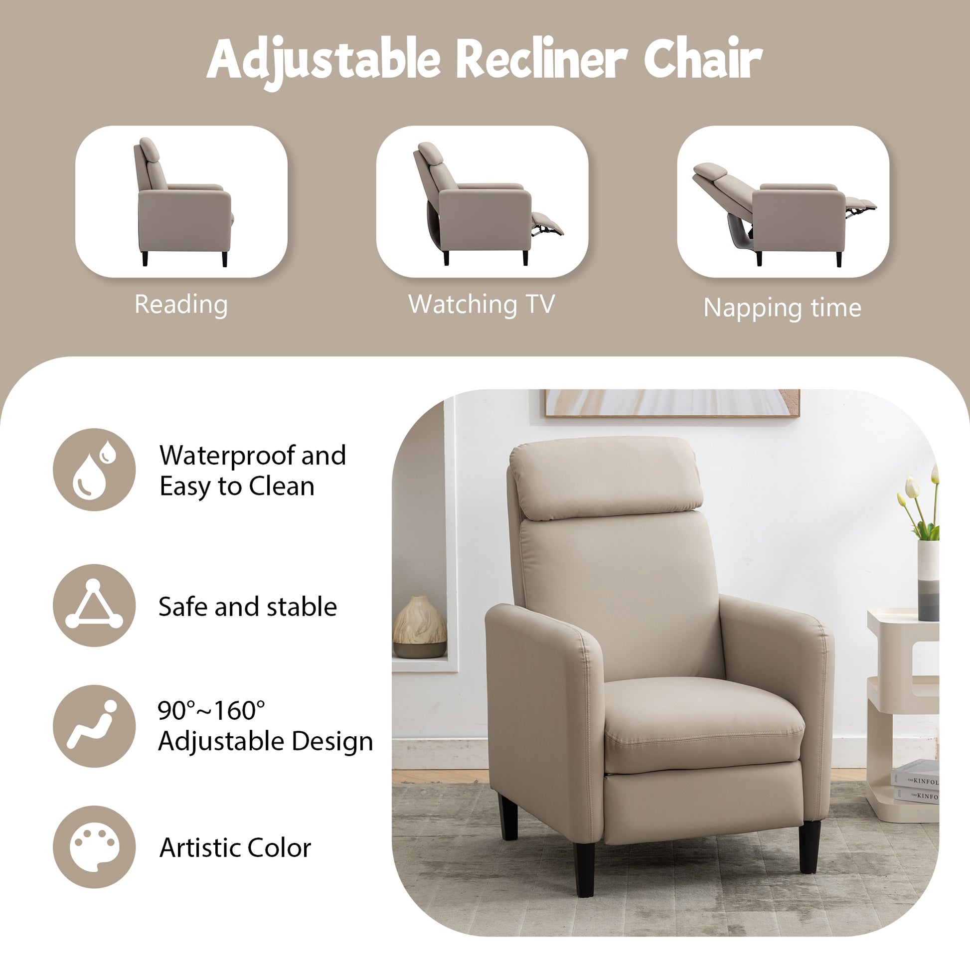 Modern Artistic Color Design Adjustable Recliner Chair Pu Leather For Living Room Bedroom Home Theater, Beige Beige Pu Leather