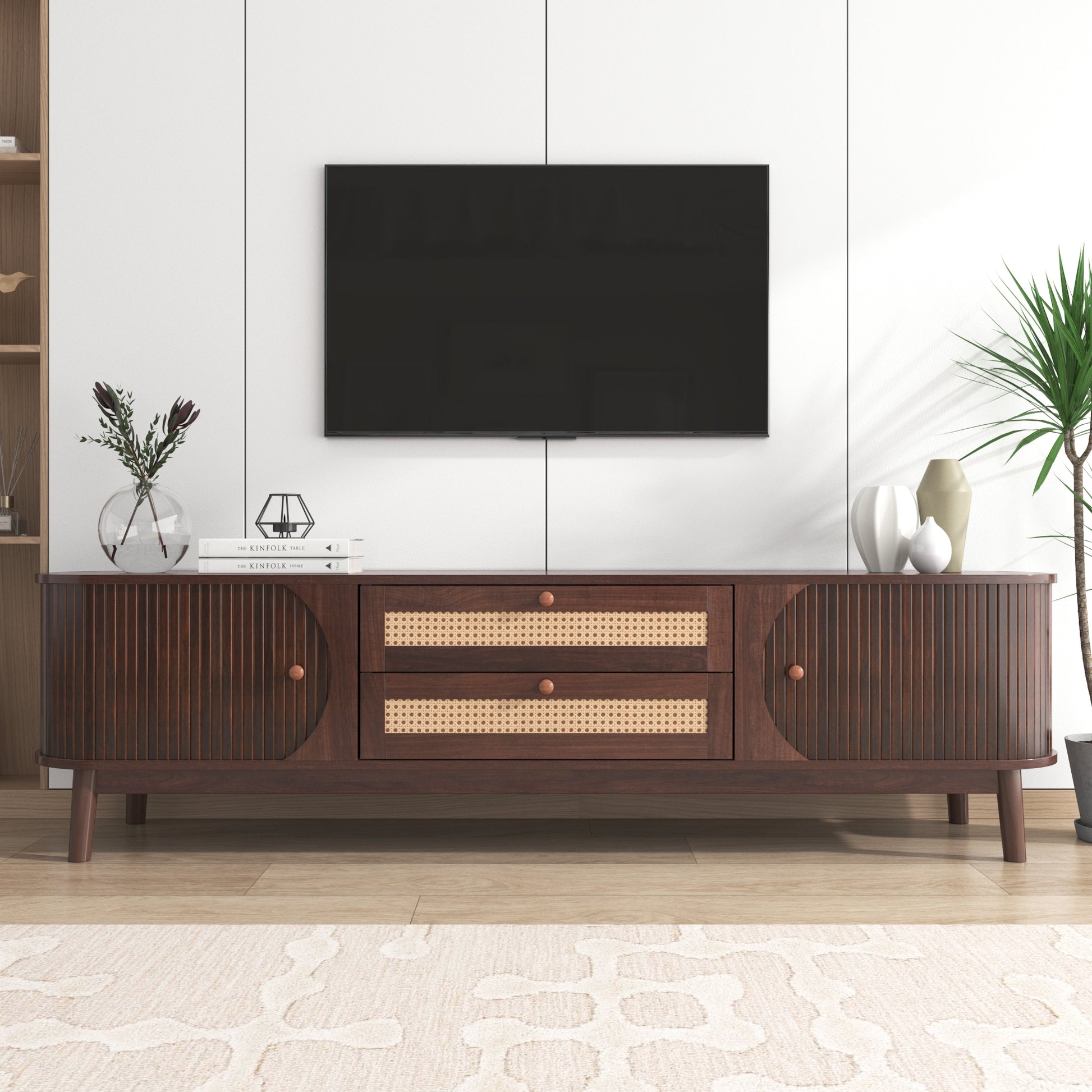 Rattan Tv Stand For Tvs Up To 75'', Modern Farmhouse Media Console, Entertainment Center With Solid Wood Legs, Tv Cabinet For Living Room,Home Theatre Natural Wood Brown Primary Living Space 60 69 Inches Solid Wood Mdf
