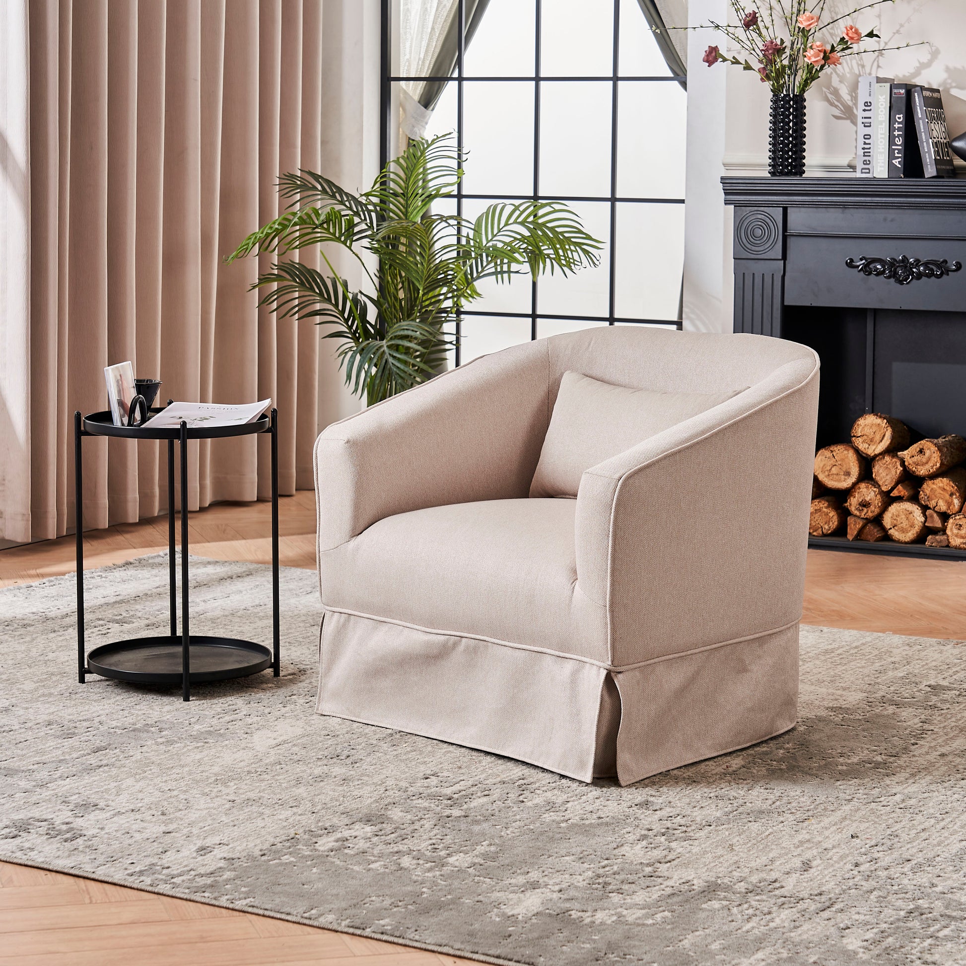 Swivel Barrel Chair With Ottoman, Swivel Accent Chairs Armchair For Living Room, Reading Chairs For Bedroom Comfy, Round Barrel Chairs With Black Metal Base Beige Beige Primary Living Space Modern Linen