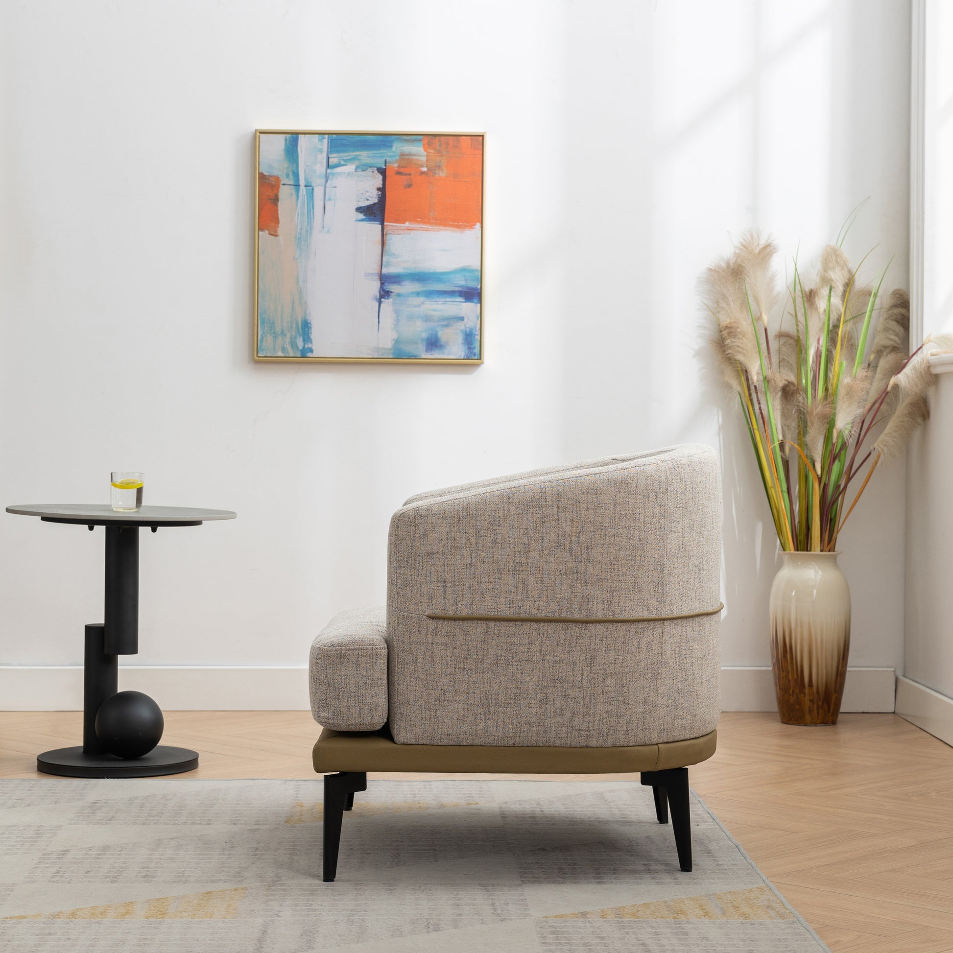 Modern Two Tone Barrel Fabric Chair, Upholstered Round Armchair For Living Room Bedroom Reading Room, Mustard Green Mustard Linen