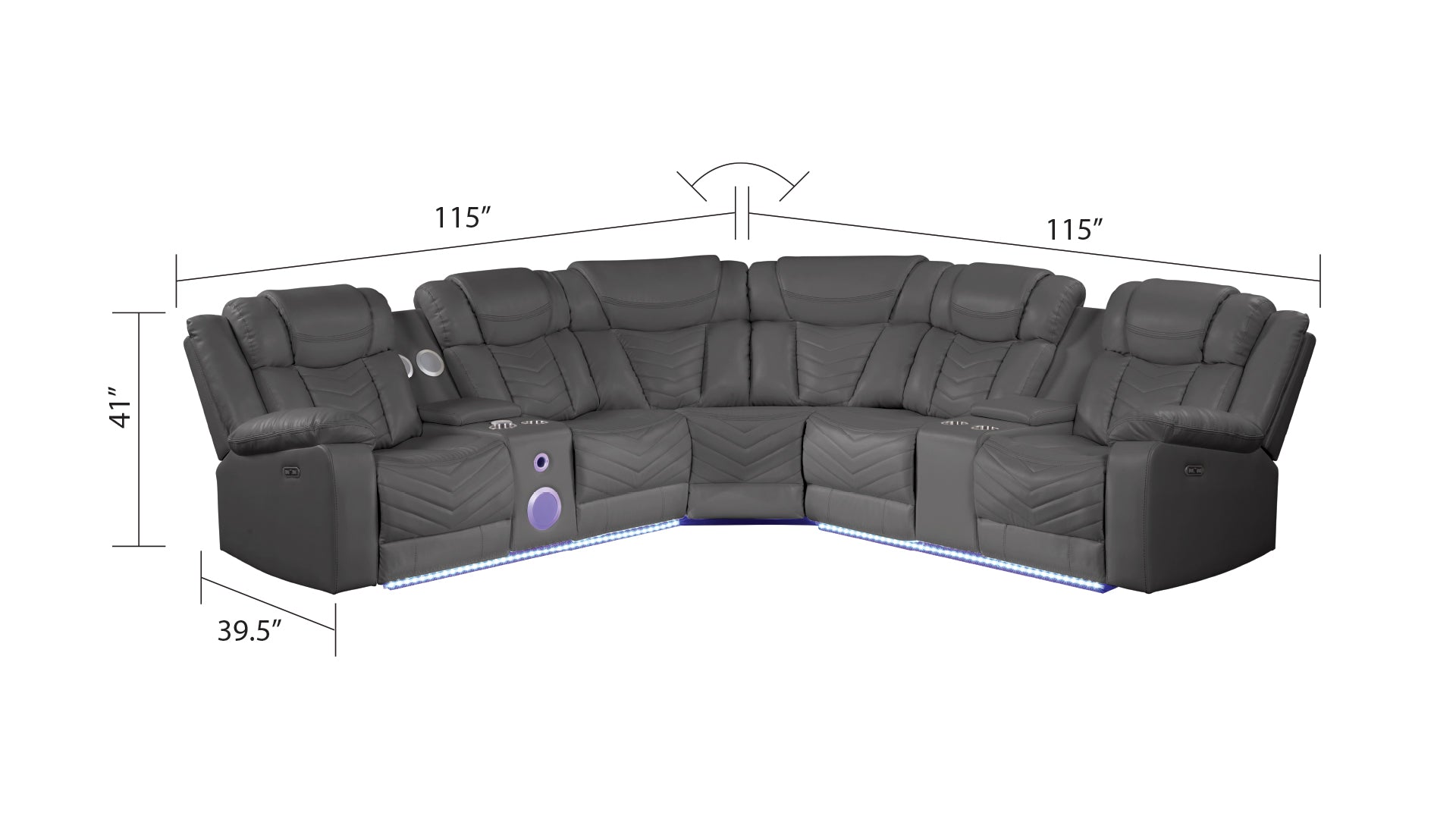 Modern Style Recliner Sectional Sofa, Built In Usb C Ports & Bluetooth, Made With Wood & Faux Leather In Gray Gray Faux Leather Wood Primary Living Space Soft Contemporary,Modern Curved Solid Wood