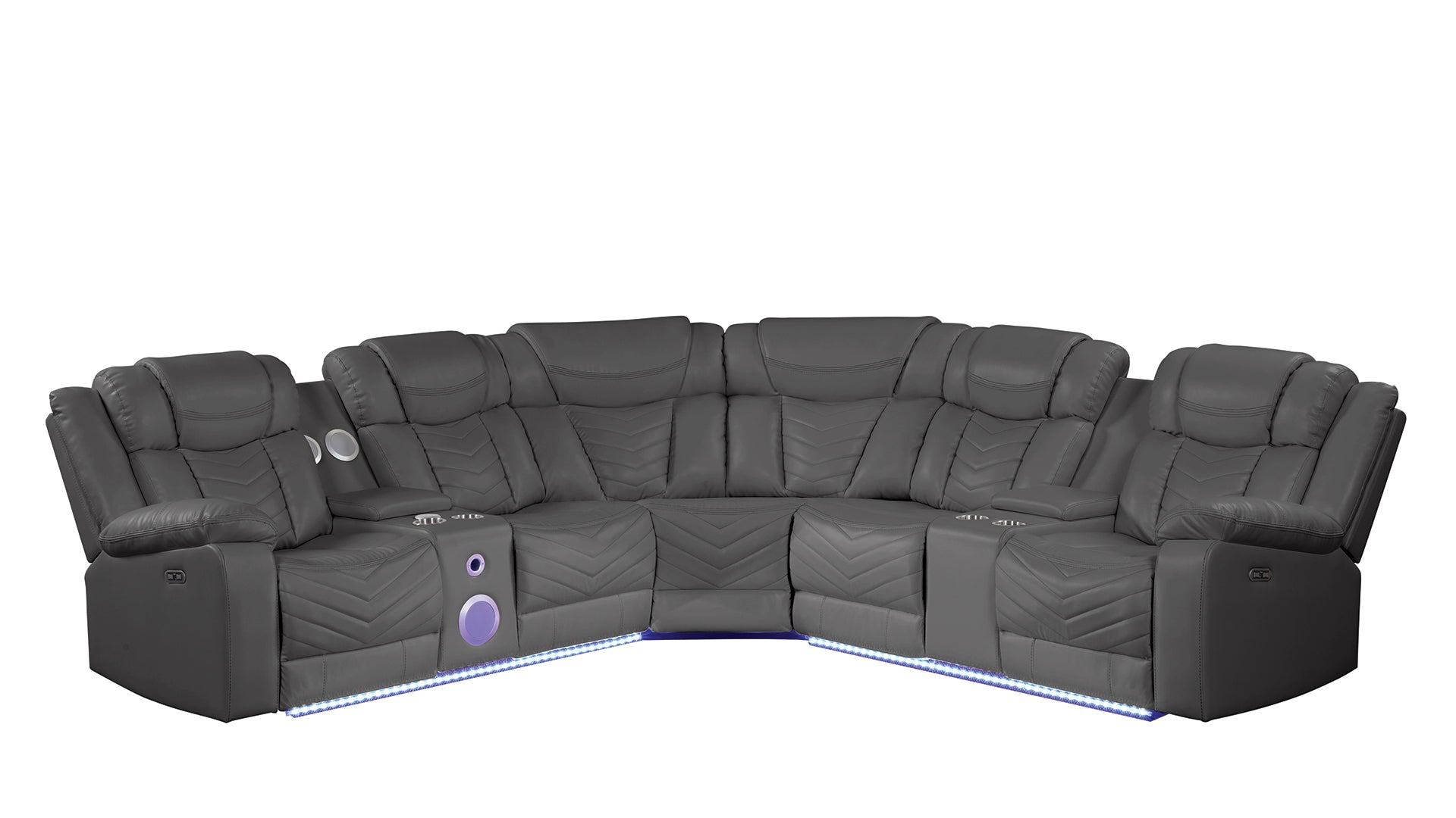 Modern Style Recliner Sectional Sofa, Built In Usb C Ports & Bluetooth, Made With Wood & Faux Leather In Gray Gray Faux Leather Wood Primary Living Space Soft Contemporary,Modern Curved Solid Wood