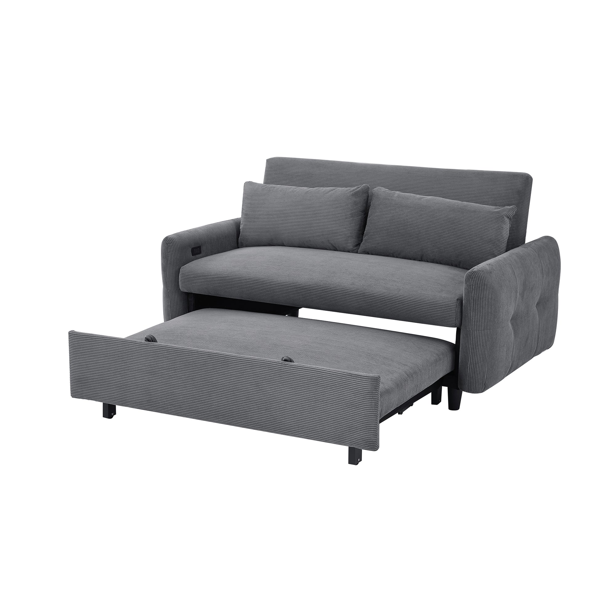 57.48" Pull Out Sofa Bed Convertible Couch 2 Seat Loveseat Sofa Modern Sleeper Sofa With Two Throw Pillows And Usb Ports For Living Room, Dark Grey Dark Grey Foam Corduroy