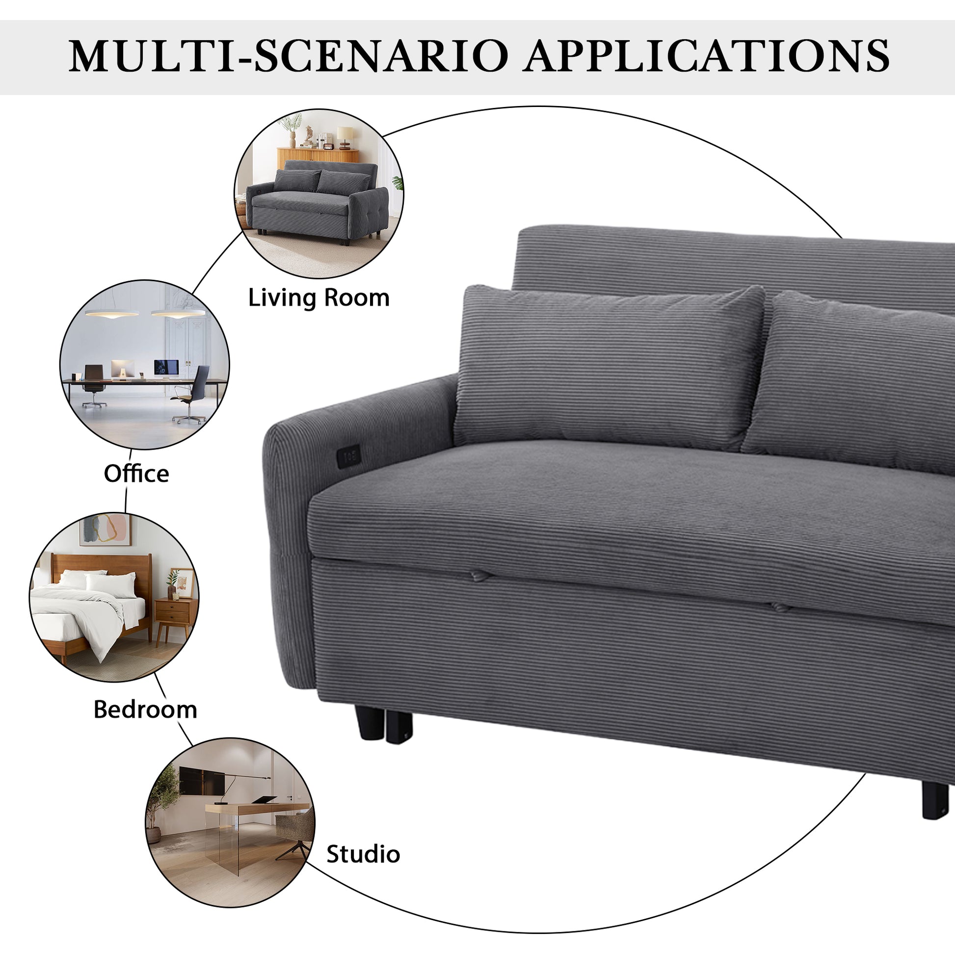 57.48" Pull Out Sofa Bed Convertible Couch 2 Seat Loveseat Sofa Modern Sleeper Sofa With Two Throw Pillows And Usb Ports For Living Room, Dark Grey Old Sku:Wf317760Aar Dark Grey Foam Corduroy 2 Seat