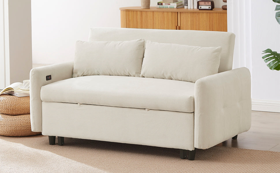 57.48" Pull Out Sofa Bed Convertible Couch 2 Seat Loveseat Sofa Modern Sleeper Sofa With Two Throw Pillows And Usb Ports For Living Room, Beige Old Sku:Wf317760Aaa Beige Foam Corduroy 2 Seat