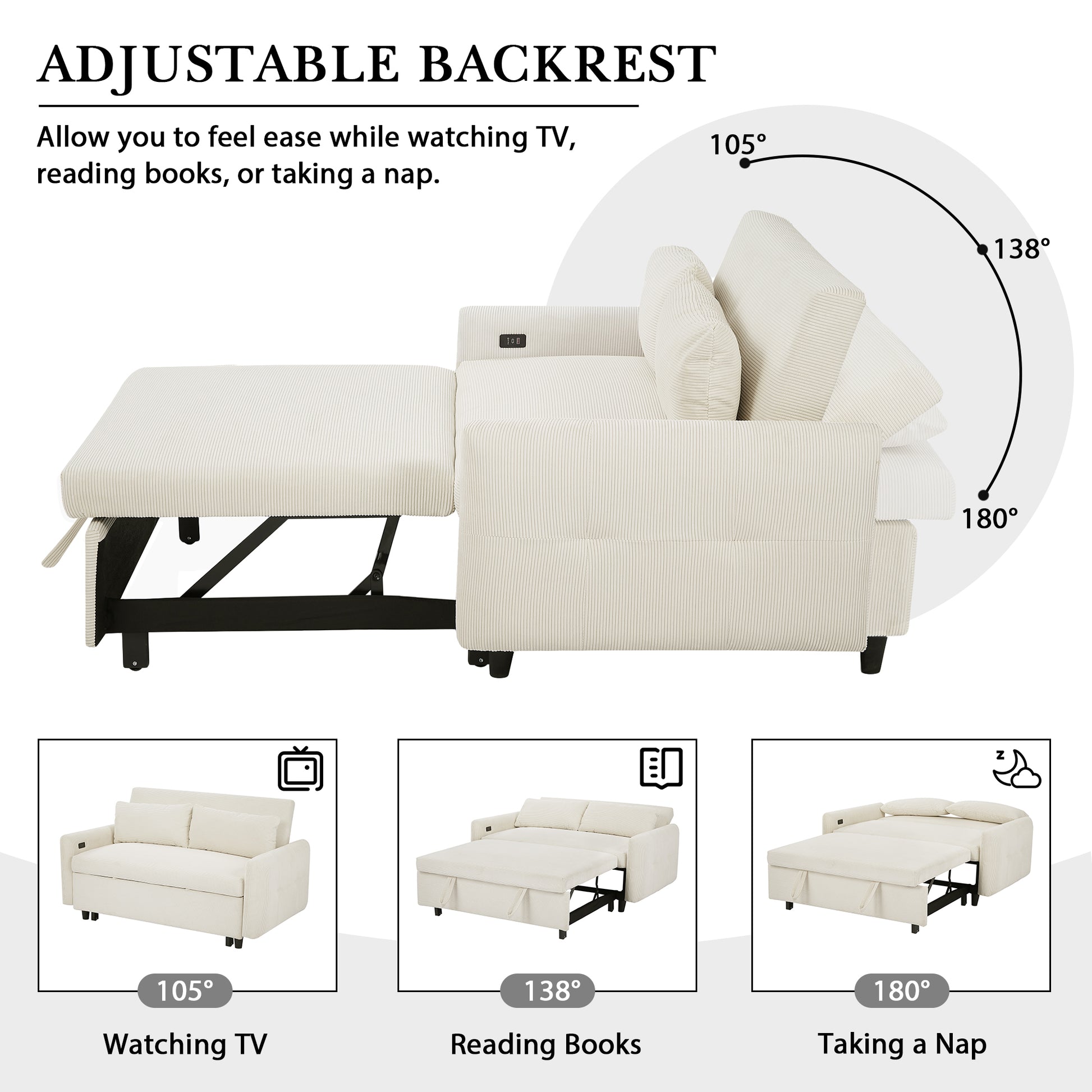 57.48" Pull Out Sofa Bed Convertible Couch 2 Seat Loveseat Sofa Modern Sleeper Sofa With Two Throw Pillows And Usb Ports For Living Room, Beige Old Sku:Wf317760Aaa Beige Foam Corduroy 2 Seat