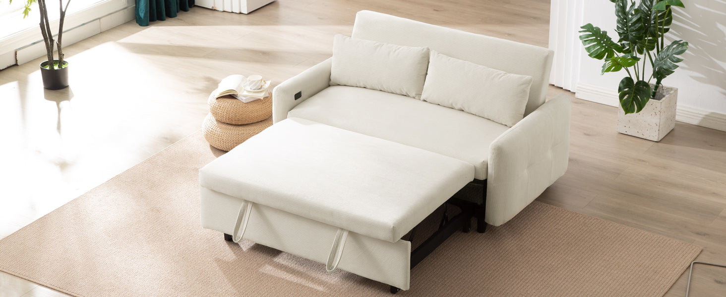 57.48" Pull Out Sofa Bed Convertible Couch 2 Seat Loveseat Sofa Modern Sleeper Sofa With Two Throw Pillows And Usb Ports For Living Room, Beige Old Sku:Wf317760Aaa Beige Foam Corduroy 2 Seat