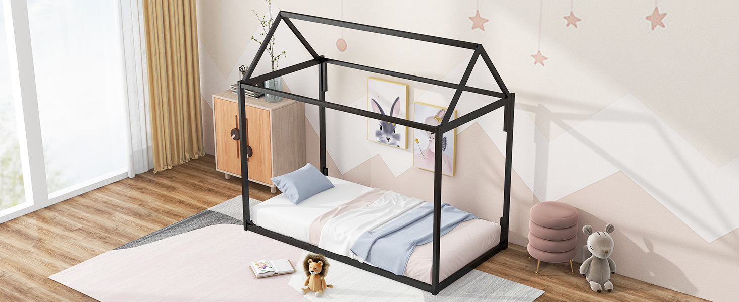 Metal House Shape Platform Bed, Twin Black Metal