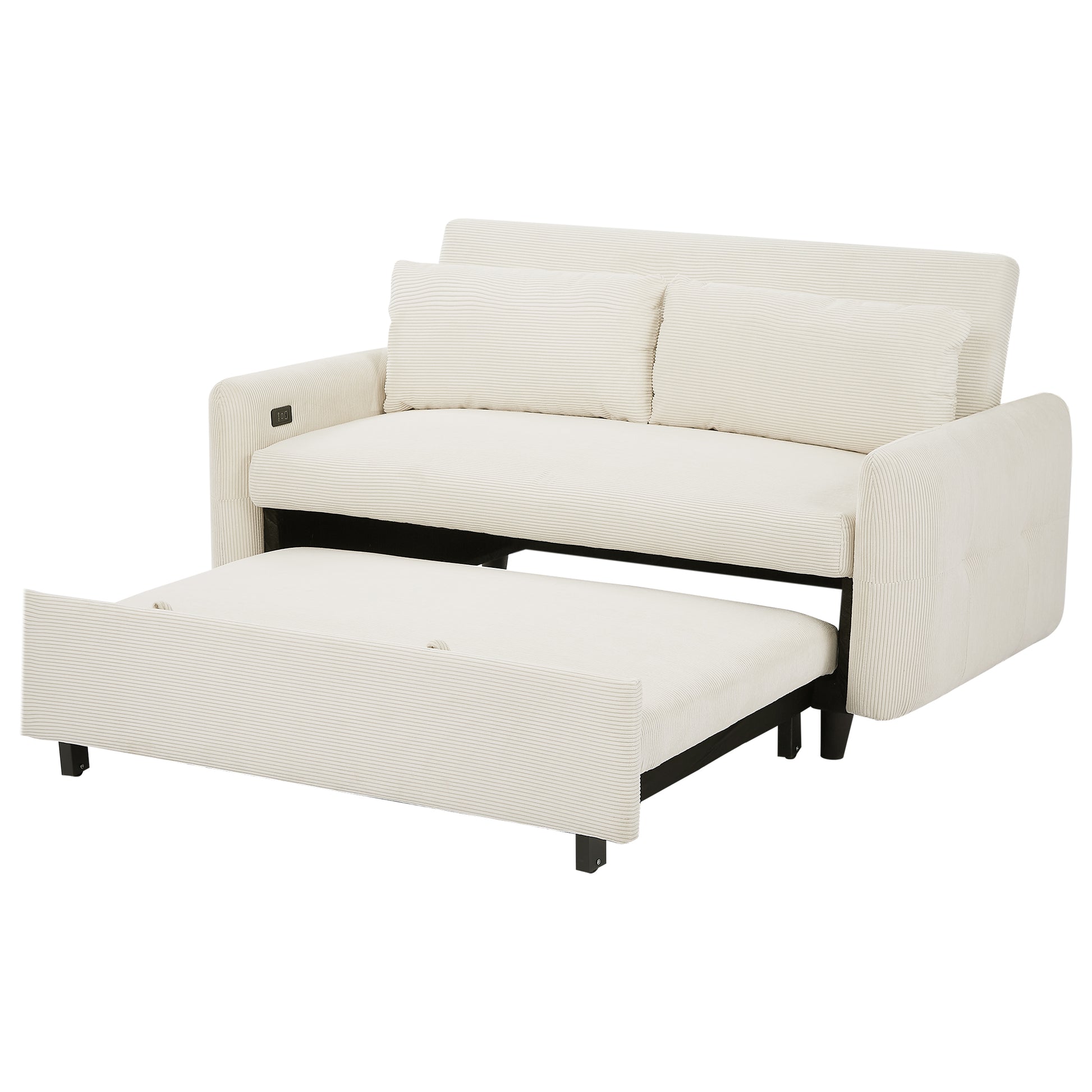 57.48" Pull Out Sofa Bed Convertible Couch 2 Seat Loveseat Sofa Modern Sleeper Sofa With Two Throw Pillows And Usb Ports For Living Room, Beige Old Sku:Wf317760Aaa Beige Foam Corduroy 2 Seat