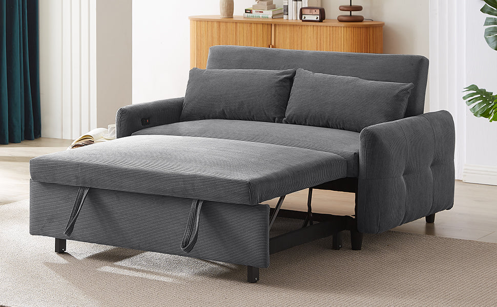 57.48" Pull Out Sofa Bed Convertible Couch 2 Seat Loveseat Sofa Modern Sleeper Sofa With Two Throw Pillows And Usb Ports For Living Room, Dark Grey Old Sku:Wf317760Aar Dark Grey Foam Corduroy 2 Seat