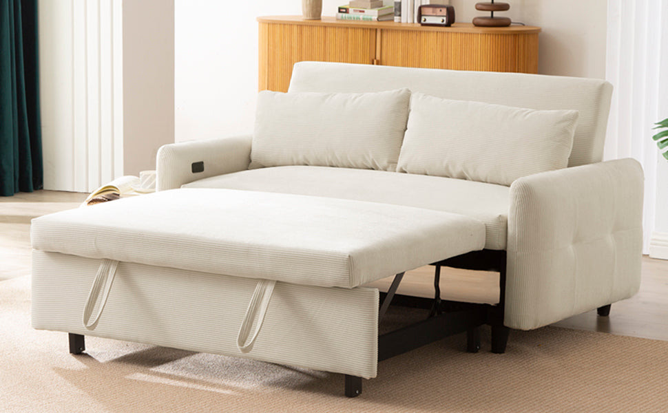 57.48" Pull Out Sofa Bed Convertible Couch 2 Seat Loveseat Sofa Modern Sleeper Sofa With Two Throw Pillows And Usb Ports For Living Room, Beige Old Sku:Wf317760Aaa Beige Foam Corduroy 2 Seat