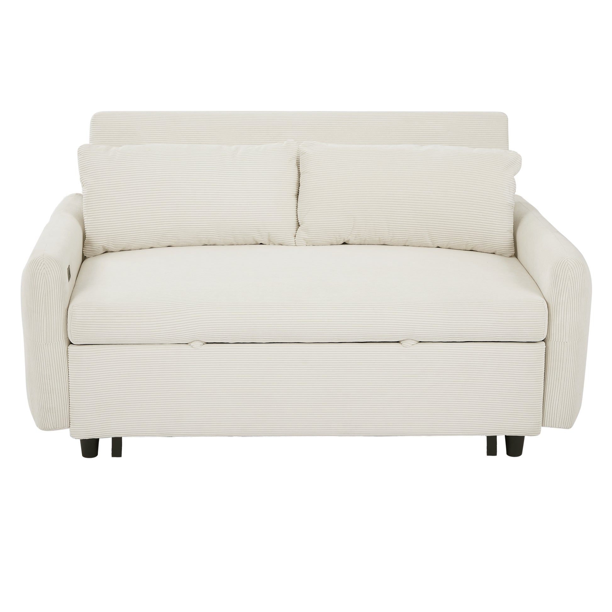 57.48" Pull Out Sofa Bed Convertible Couch 2 Seat Loveseat Sofa Modern Sleeper Sofa With Two Throw Pillows And Usb Ports For Living Room, Beige Old Sku:Wf317760Aaa Beige Foam Corduroy 2 Seat