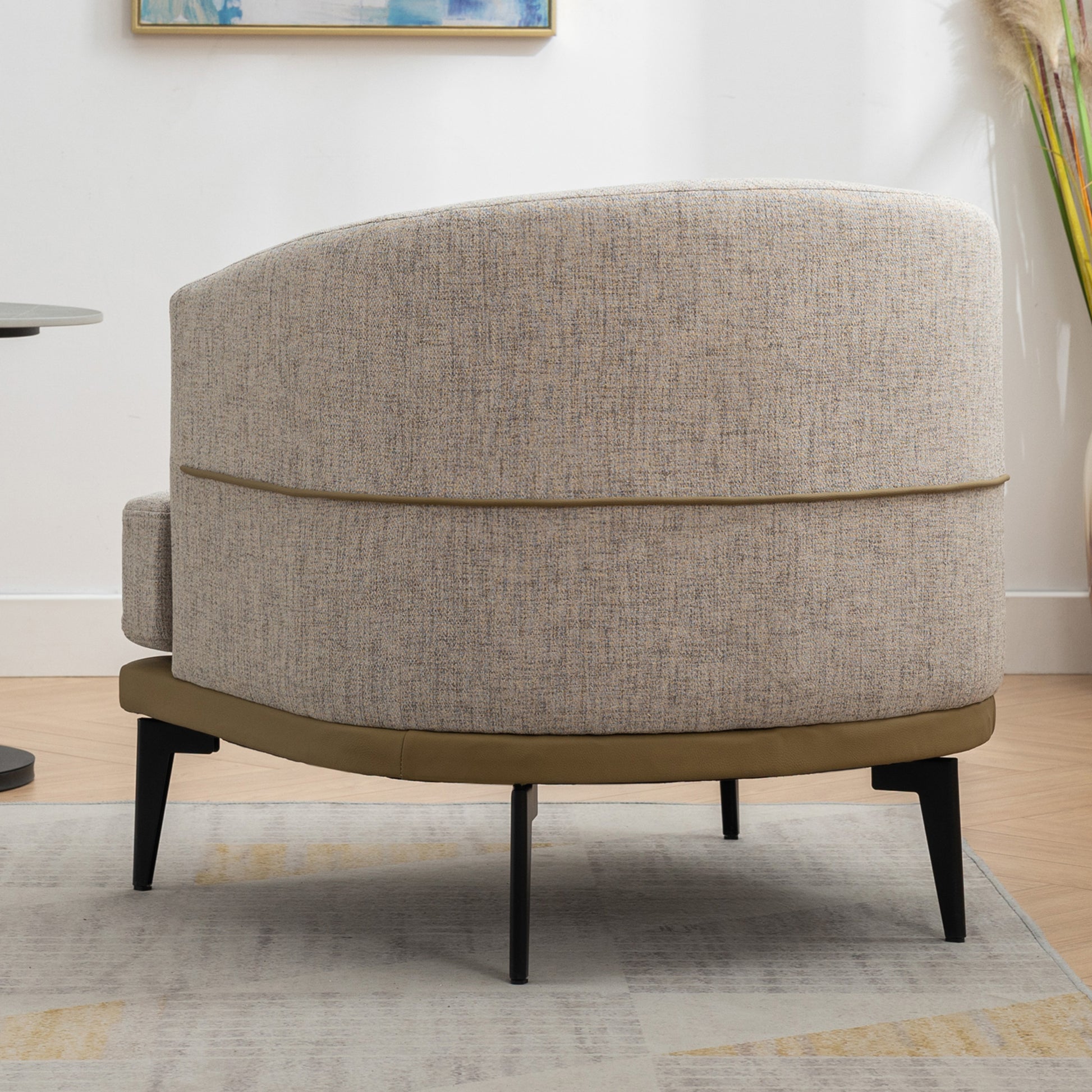 Modern Two Tone Barrel Fabric Chair, Upholstered Round Armchair For Living Room Bedroom Reading Room, Mustard Green Mustard Linen