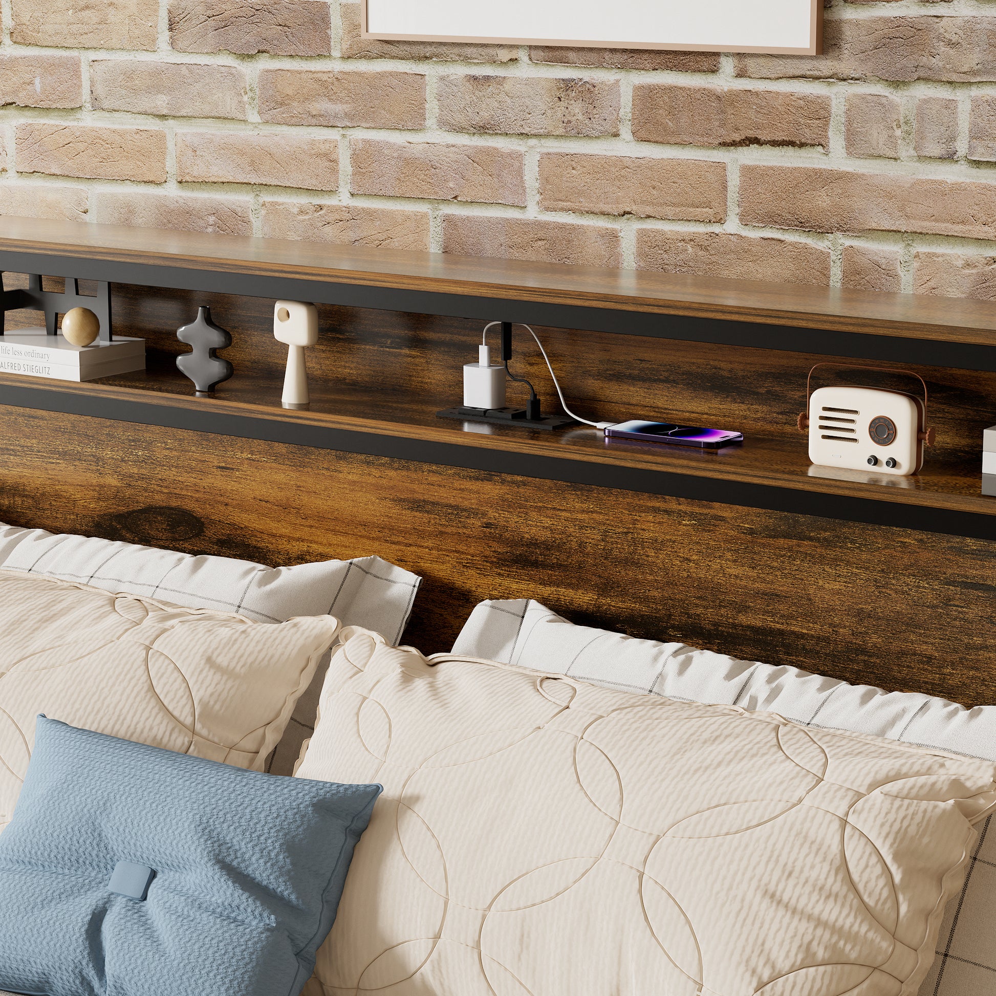 Queen Size Bed Frame With Storage Headboard And 2 Drawers, Led Lights Bed With Charging Station, Metal Platform Bed No Noise, Mattress Foundation Strong Metal Slats Support No Box Spring Needed Box Spring Not Required Queen Antique Brown Iron Brown