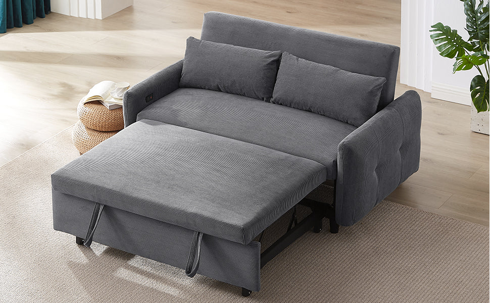 57.48" Pull Out Sofa Bed Convertible Couch 2 Seat Loveseat Sofa Modern Sleeper Sofa With Two Throw Pillows And Usb Ports For Living Room, Dark Grey Old Sku:Wf317760Aar Dark Grey Foam Corduroy 2 Seat