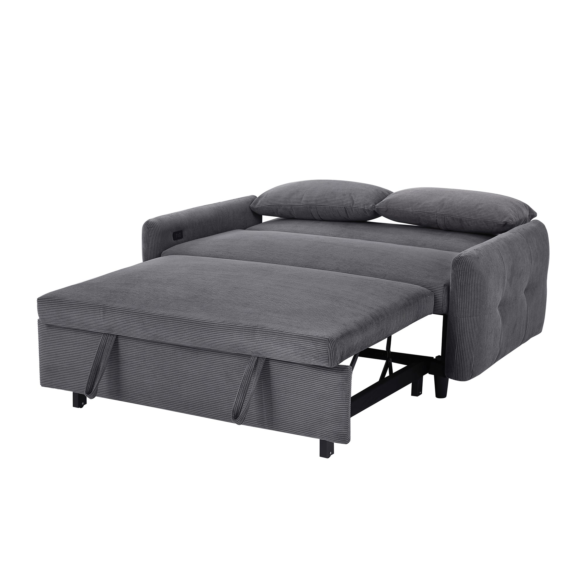 57.48" Pull Out Sofa Bed Convertible Couch 2 Seat Loveseat Sofa Modern Sleeper Sofa With Two Throw Pillows And Usb Ports For Living Room, Dark Grey Dark Grey Foam Corduroy