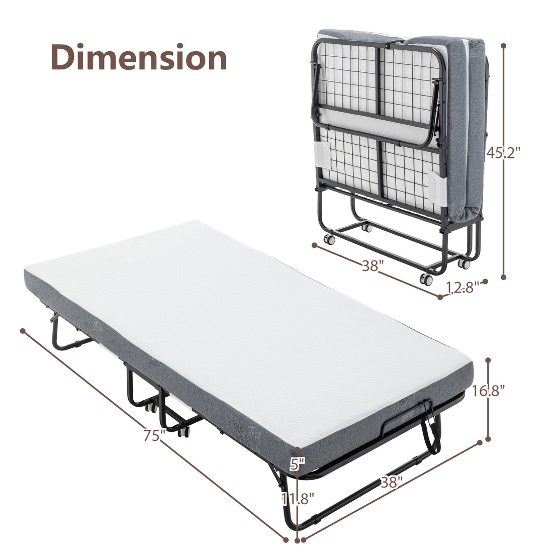 Folding Bed With Mattress, Sportable Foldable Bed With Storage Cover, Srollaway Bed For Adults With Memory Foam Mattress And Metal Frame, Scot Size Guest Bed On Wheels, 75 X 38 Black Metal Foam