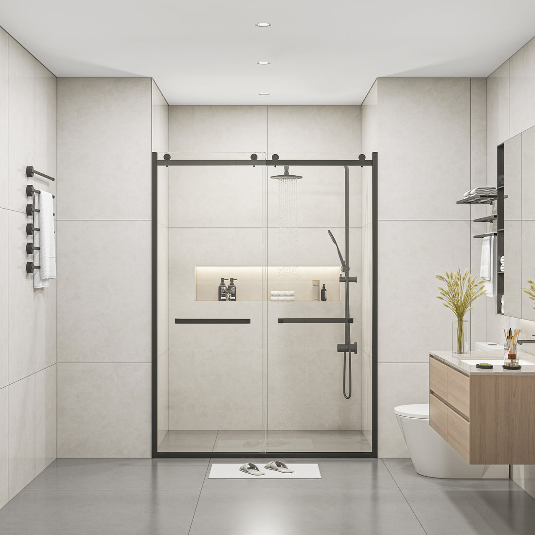 Semi Frameless Double Sliding Glass Shower Doors, 60" Width X 76"Height With 3 8" 10Mm Clear Tempered Glass, Matt Black Finish Matt Black Bathroom American Design Stainless Steel Tempered Glass