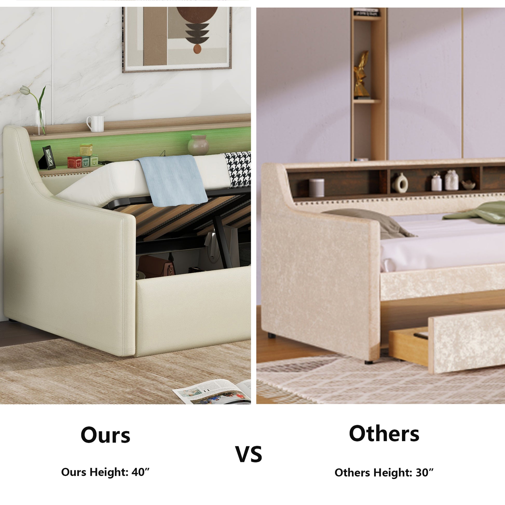 Twin Size Daybed With Hydraulic Storage, Upholstered Daybed With Lift Up Storage, Twin Leather Daybed With Charging Station And Led Lights,Beige Twin Beige Pu Leather