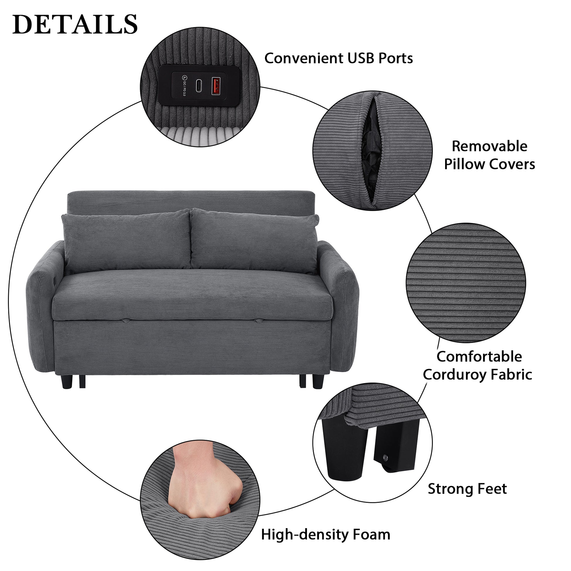 57.48" Pull Out Sofa Bed Convertible Couch 2 Seat Loveseat Sofa Modern Sleeper Sofa With Two Throw Pillows And Usb Ports For Living Room, Dark Grey Dark Grey Foam Corduroy