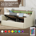 Twin Size Daybed With Hydraulic Storage, Upholstered Daybed With Lift Up Storage, Twin Leather Daybed With Charging Station And Led Lights,Beige Twin Beige Pu Leather