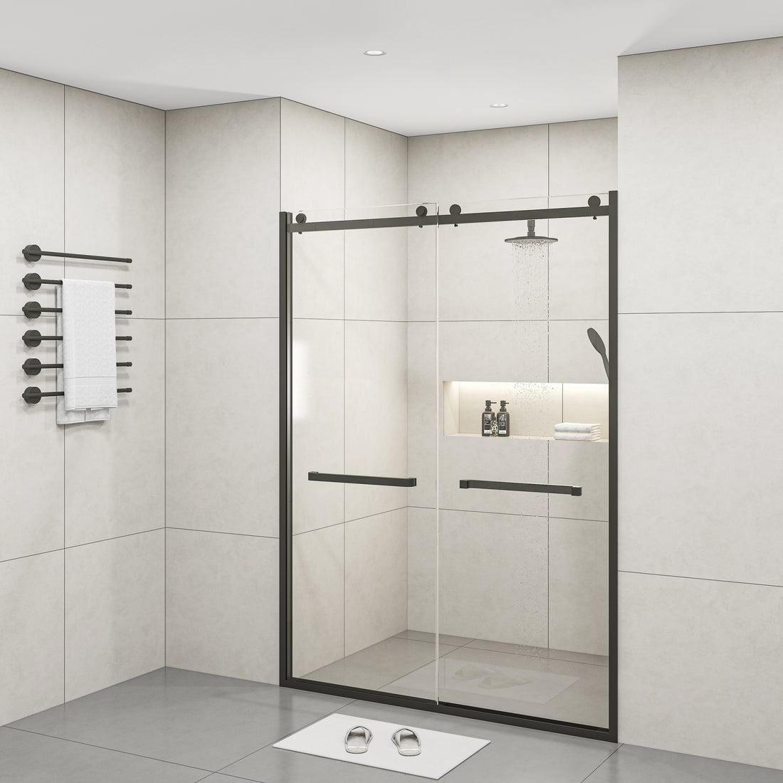 Semi Frameless Double Sliding Glass Shower Doors, 60" Width X 76"Height With 3 8" 10Mm Clear Tempered Glass, Matt Black Finish Matt Black Bathroom American Design Stainless Steel Tempered Glass
