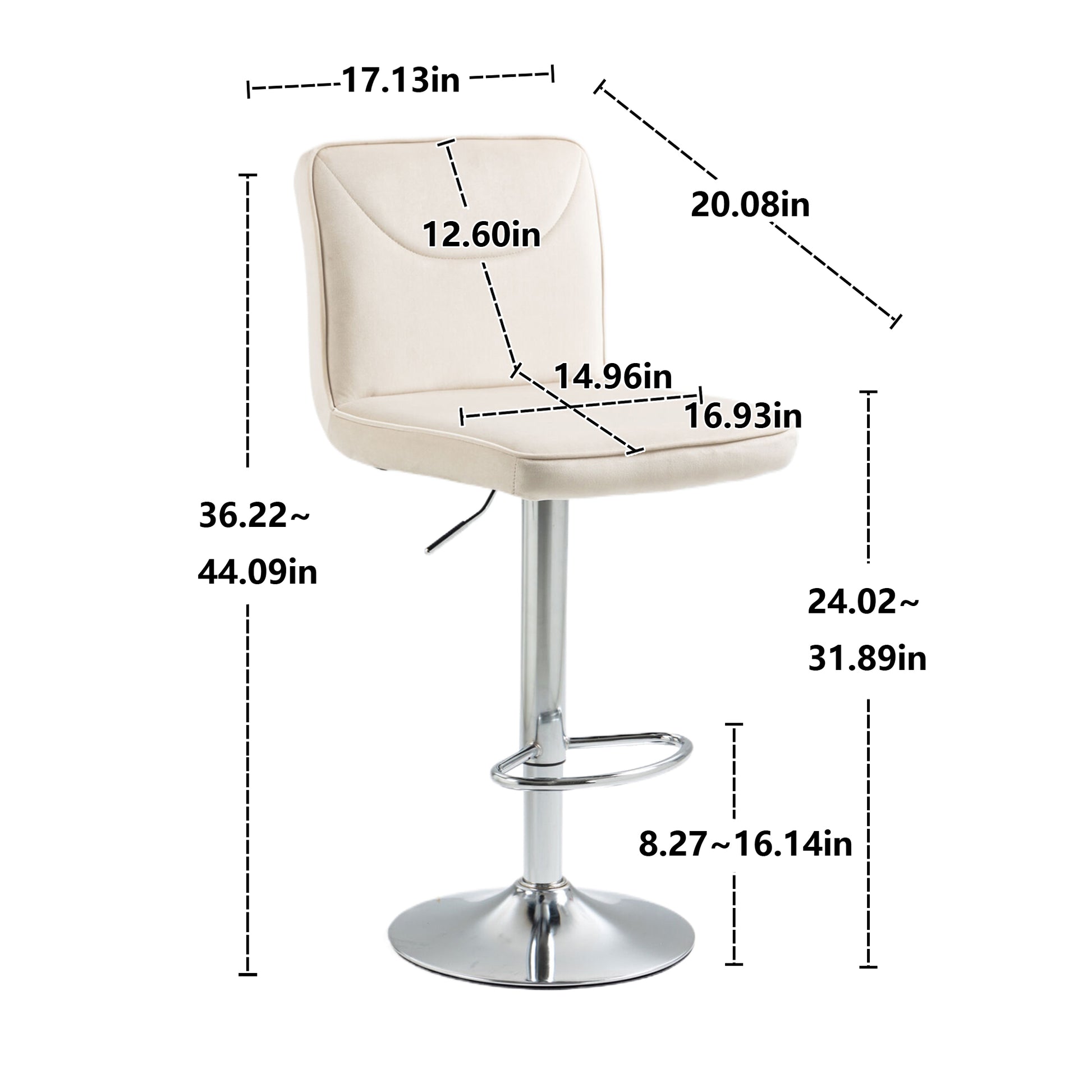 Coolmore Bar Stools With Back And Footrest Counter Height Dining Chairs 2Pc Set,360 Velvet Swivel Bar Stools Set Of 2, Adjustable Counter Height Bar Chairs Ivory Velvet Ivory Foam Velvet