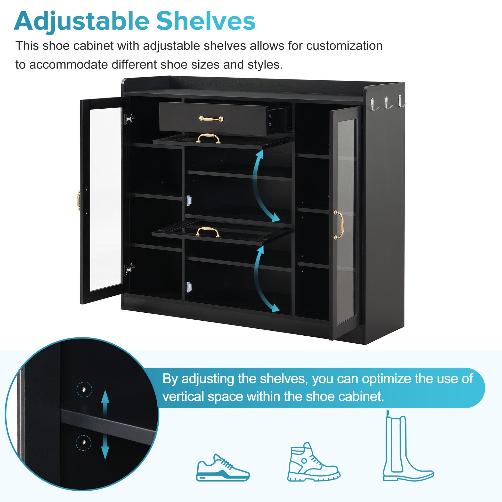 Modernist Side Cabinet With 4 Glass Doors & 3 Hooks, Freestanding Shoe Rack With Multiple Adjustable Shelves, Versatile Display Cabinet With Gold Handles For Hallway, Living Room, Black 5 Or More Spaces Black Primary Living Space Adjustable Shelves