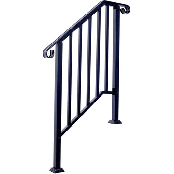 Handrails For Outdoor Steps, Fit 2 Or 3 Steps Outdoor Stair Railing, Picket#2 Wrought Iron Handrail, Flexible Porch Railing, Black Transitional Handrails For Concrete Steps Or Wooden Stairs Black Steel