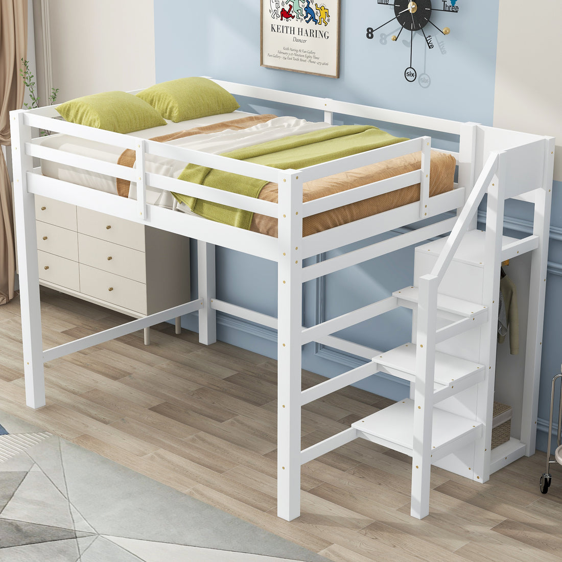 Full Size Loft Bed With Built In Storage Wardrobe And Staircase, White Old Sku:Sm000527Aak Box Spring Not Required Full White Wood Bedroom Pine