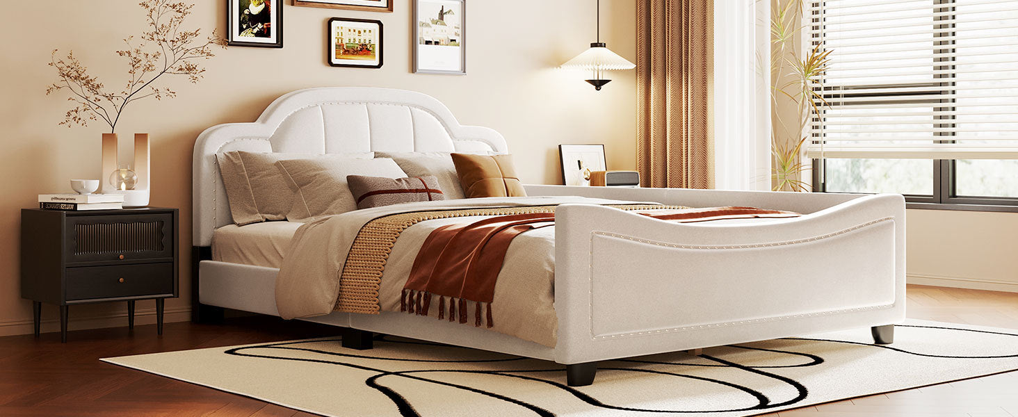 Full Size Upholstered Daybed With Cloud Shaped Headboard, Embedded Elegant Copper Nail Design, Beige Beige Velvet